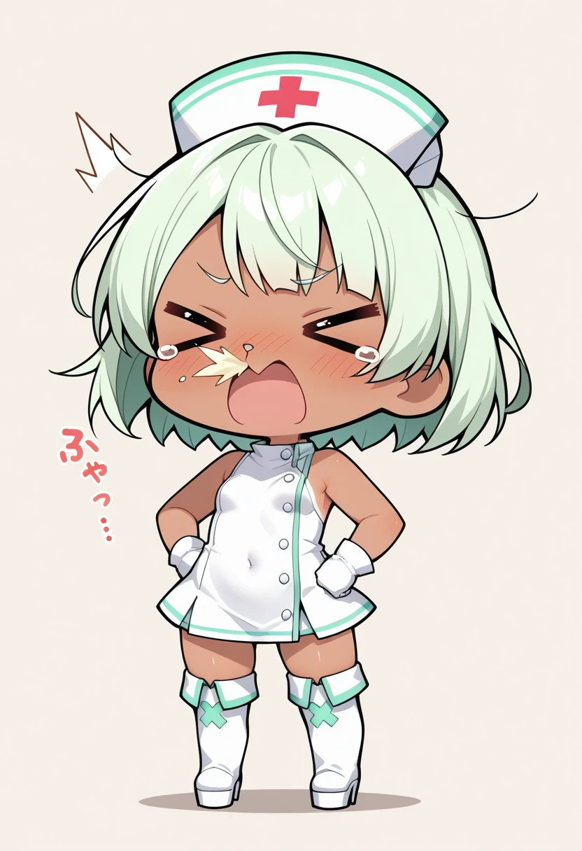 whitening skin, Completely naked,cute face, white hair with twintails, green hair band,cheeks turn red, anime style, Hold the baby bottle in one hand with your body facing backwards,