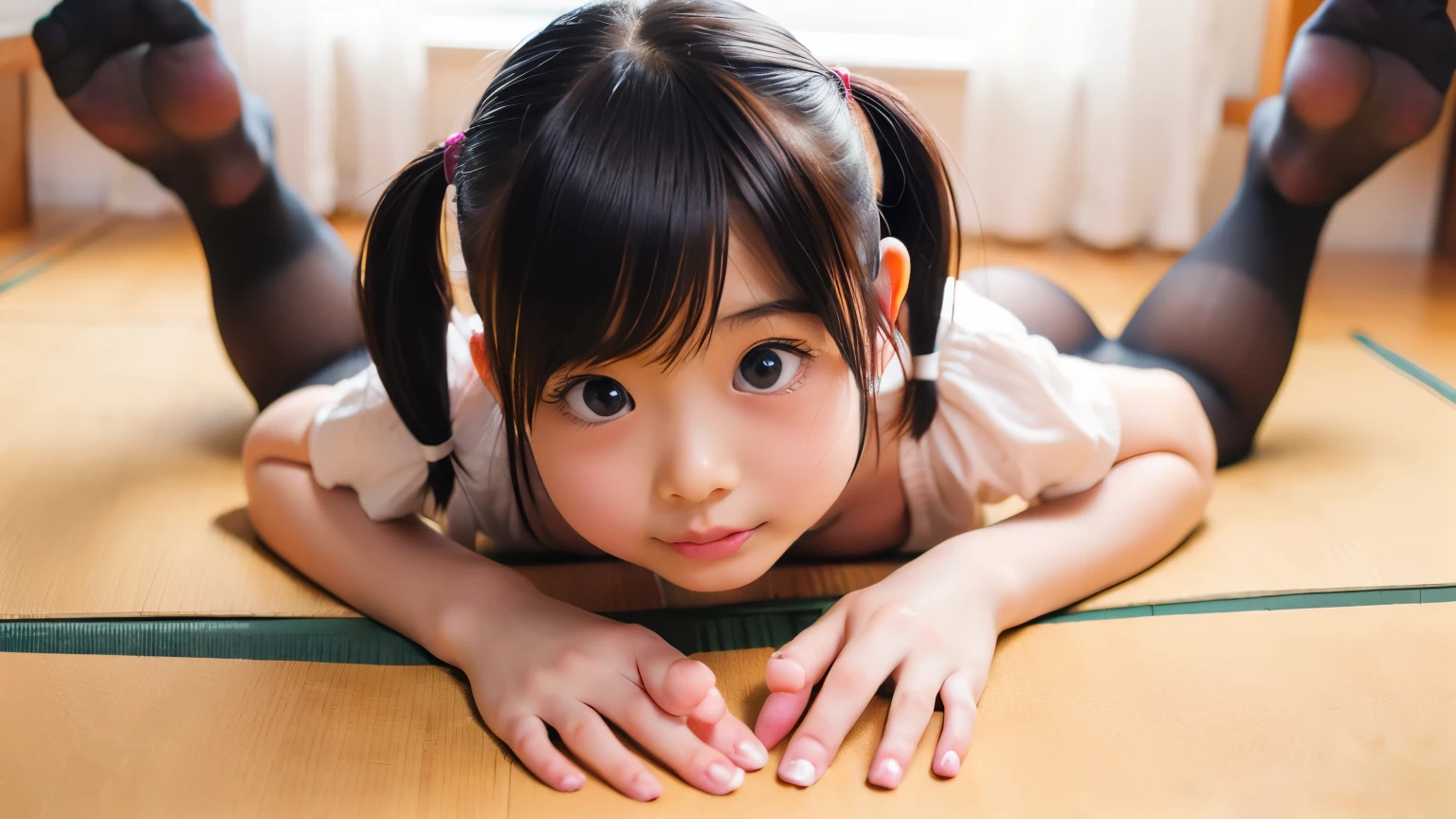 (best quality, masterpiece:1.4), ultra high definition, 8k, super detailed, (photorealistic:1.2), RAW photo, perfect anatomy, detailed faces, detail eyes, More, 1girl, cute, Japanese, ( girl:1.3), bungs, black hair, Soft light, cinematic lighting that brings very small breasts, cinematic shadows, (viewers:1.2),(Small Breasts 1.2),( 1.2),( Pretty Girl 1.3),(Young face:1.4),square,Petite,Japanese,Nipples,bungsあり,Kind Face,(black pantyhose:1.5), saliva ,(dark toes),pigtails,five fingers,Two legs,(solo1.4),(vagina:1.4),sweat,blush,( 1.2),Detailed ankles,