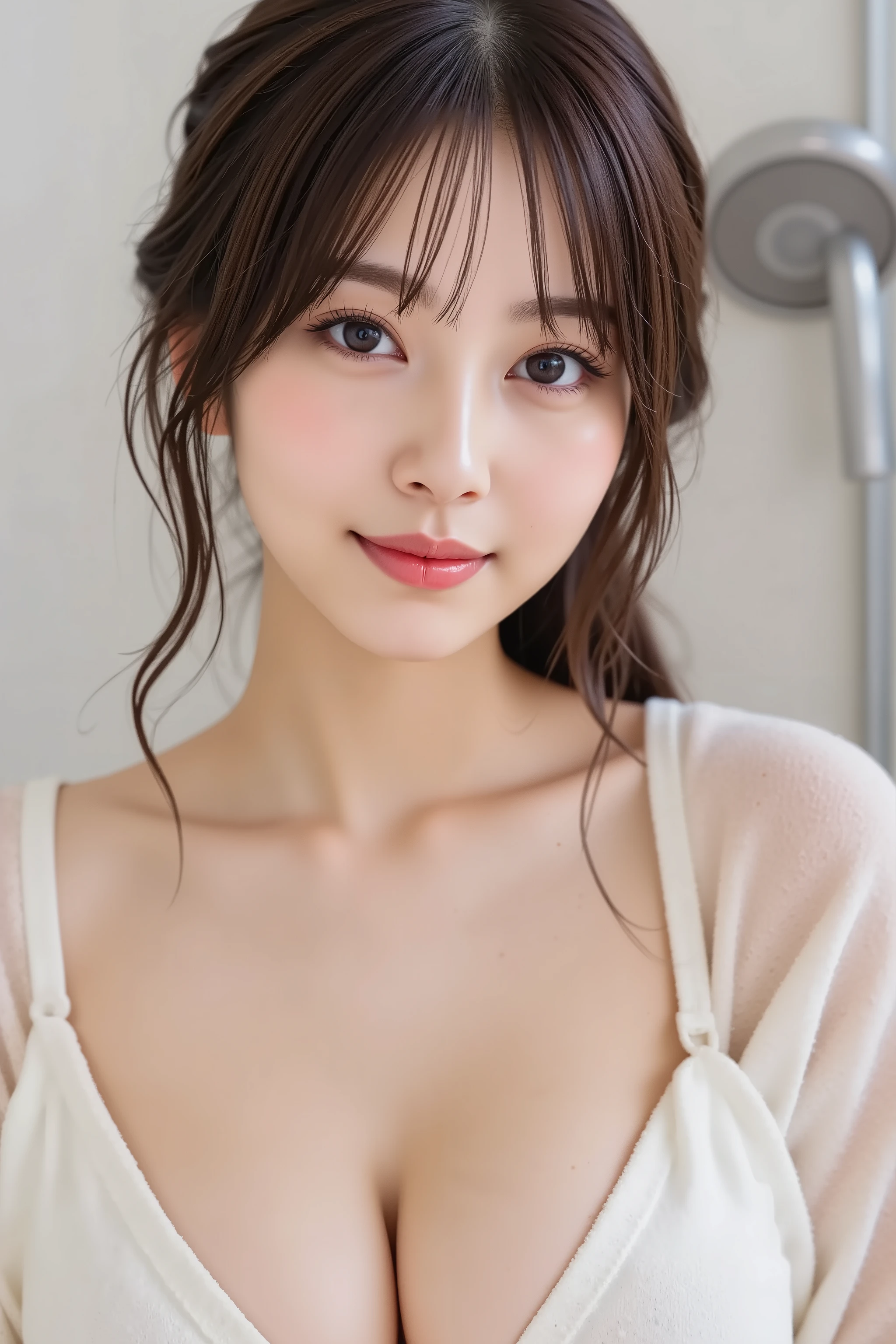 masutepiece, Best Quality,
Ultra-detailed, finely detail, hight resolution, in 8K,
((Photorealsitic:1.4, Raw photography, 超A high resolution,Top image quality: 1.4)),
Wallpaper,
((Composition that includes the perfect whole body)),
Beautiful detailed eyes, Natural Color Lip,
((soaked body:1.5)),
(()),
((Random sexy underwear:1.5)),
((Random and cute hairstyles)),
((Random and cute poses)),
((Colossal tits、Large cleavage:1.2)),
((Wet and see-through random underwear)),
((A big smile that makes you squint)),
((breastsout、under look eyes、Mole on the arm:0.9)),
((from the front side:1.5)),
((Put your hands on the wall:1.5)),
((bath room:1.2)),
((Wet and see-through underwear)),,
((garterbelts))
very detailed and professional lighting、
((A bra that looks like you can take off))
(thigh visible、I can see my panties)