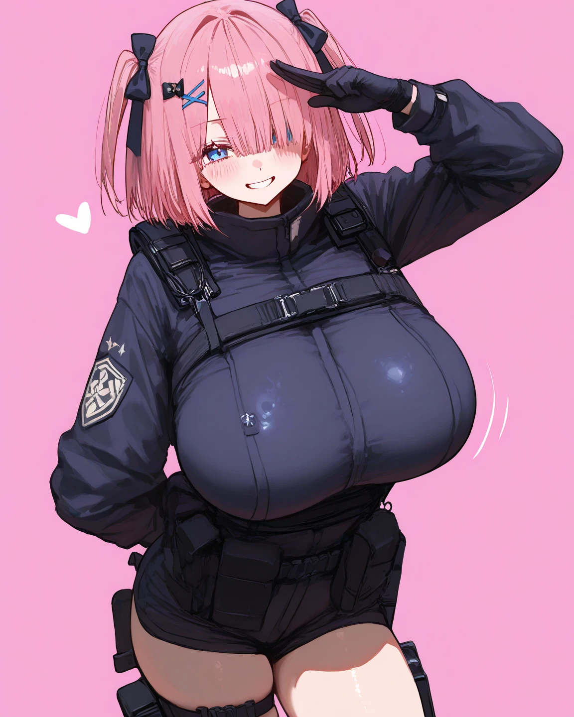Short pink hair, blue eyes, huge tits, very curvy, peaked cap, military uniform, heart