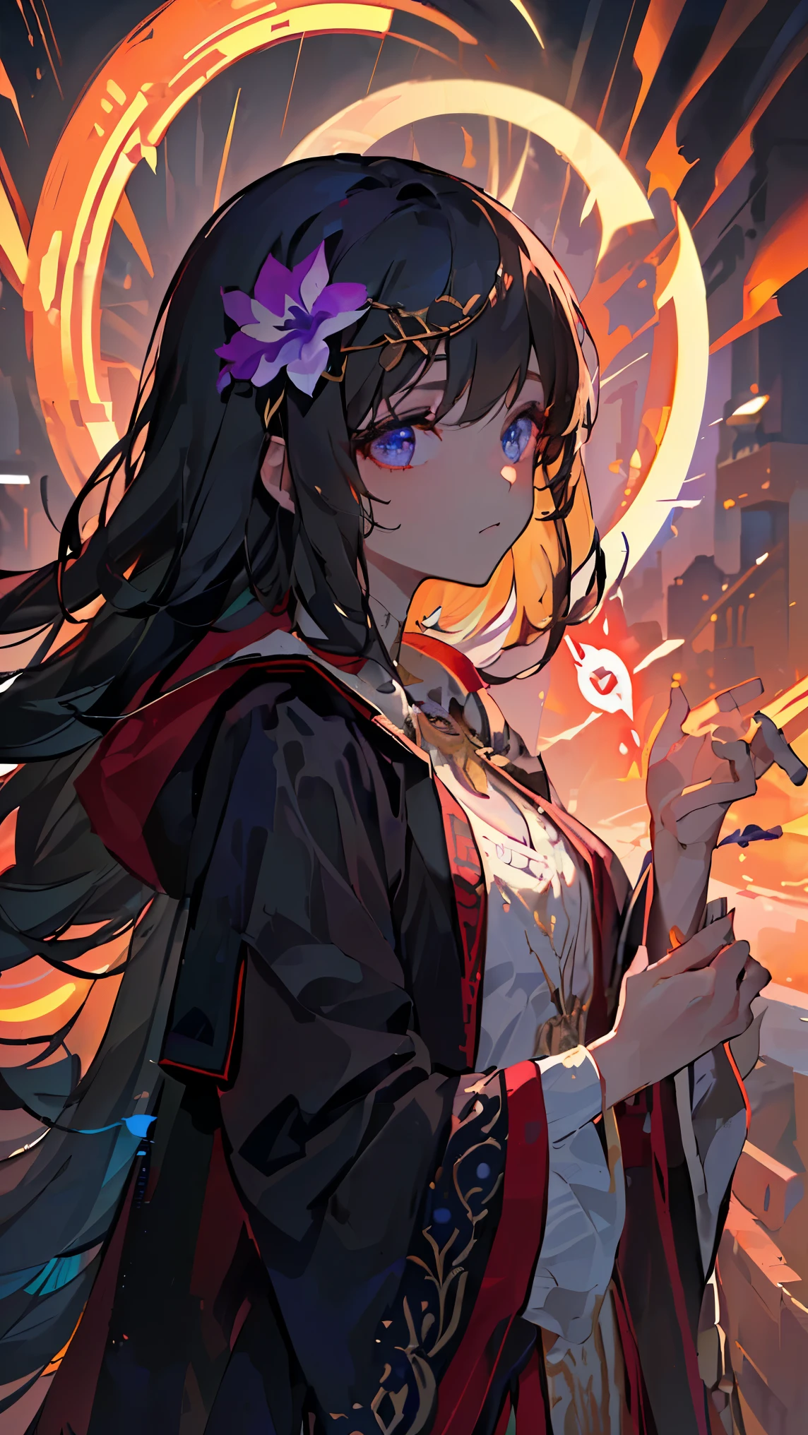 (((Best quality, 8k, Masterpiece: 1.3)), ((best quality)), ((masterpiece)), (detailed), perfect face, perfect body, (detailed skin:1.3), (intricate details), Witch, adult woman, deep blue robe, background (violet flames), hair ornament with hyacinth motif, Light vortex, magic, powerful magical power, A strong gaze, a sense of superiority,