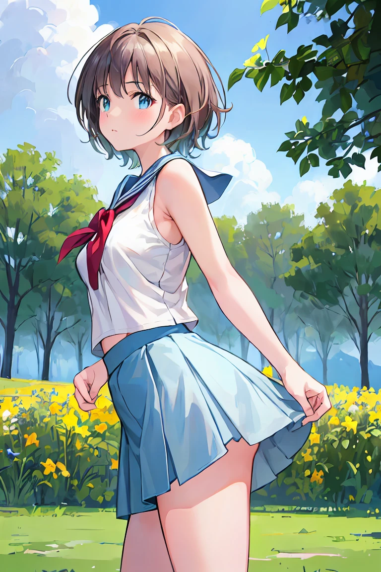 Top image quality、8K picture quality、​masterpiece:1.4、Pretty girl、blue-sky、grass field、Lean forward to show off your chest、cleavage of the breast、above thighs、Angle of incitement from below、the wind、Light brown hair with random hairstyle、T-shirt with loose neck、Thin waist circumference、Super Mini Flared Skirt、shaking boobs、Lifting the hem of the skirt、Natural smile、