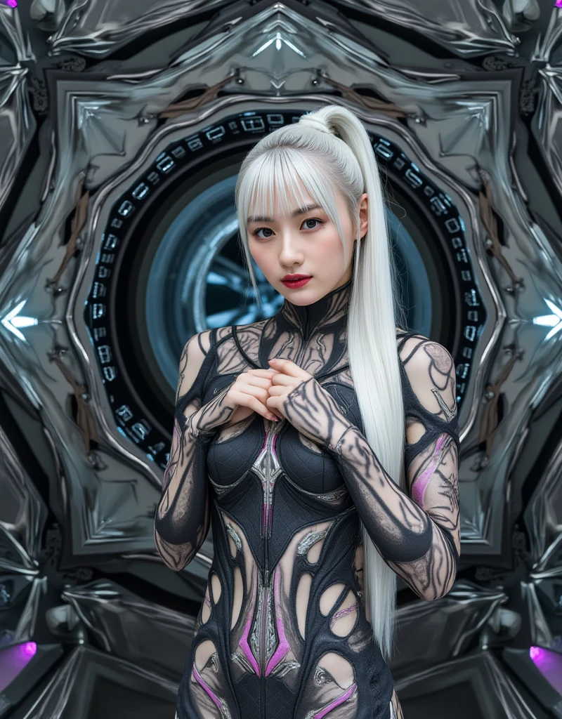 ((((masterpiece))), ((best quality))), ((ultra-detailed)), (CG illustration), ((an extremely delicate and beautiful)),(from side),cinematic light, ((1 mechanical girl)), single, full-body, (machine-made joint: 1.2), ( (mechanical limbs)), (blood vessels connected to tubes), (mechanical spine connected to back), ((mechanical cervical vertebrae attached to neck)), (sitting), forced laughter, (wires and cables around the neck: 1.2), (wires and cables on the head: 1.2) (character focus), sci-fi, extremely thin, colored, the finest white hair, red eyes, in battle, (knotted), (killing), (1 immortal)