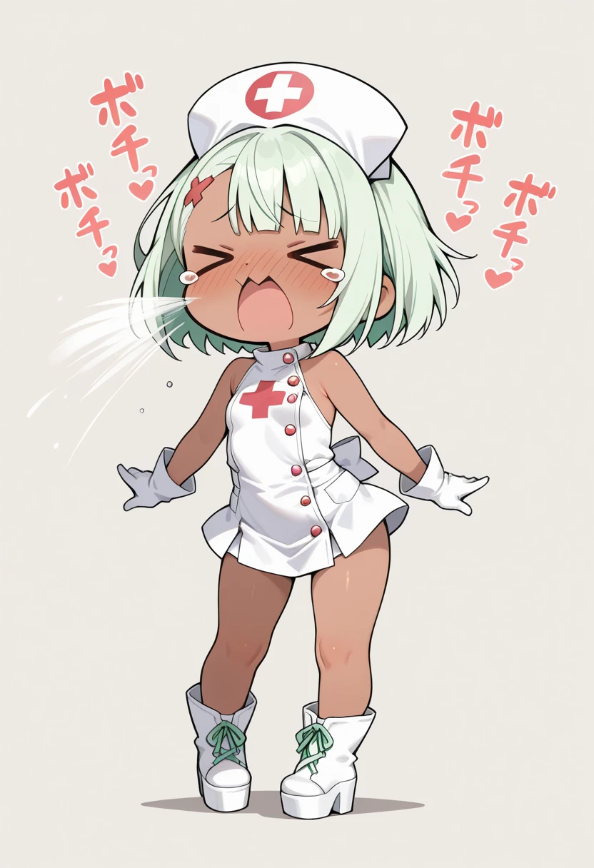 A girl is forced to dance in a white swimsuit, cute white hair, cat paw gloves, white cat ears, big grunt, White ponytail, my son is embarrassed