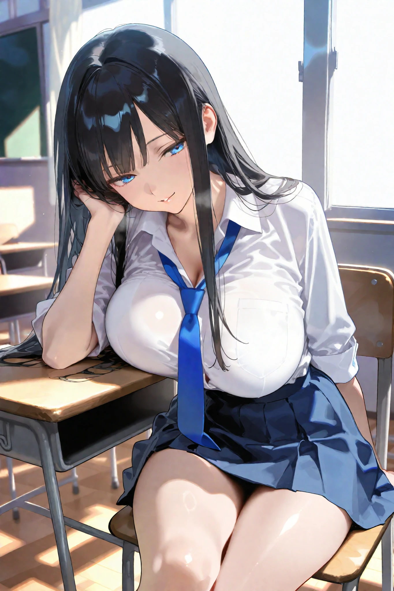 long black hair,blue eyes,has very big breasts,has a seductive body,School,classroom,Sitting on a desk chair,White ,blue tie,blue miniskirt,Looking out the window