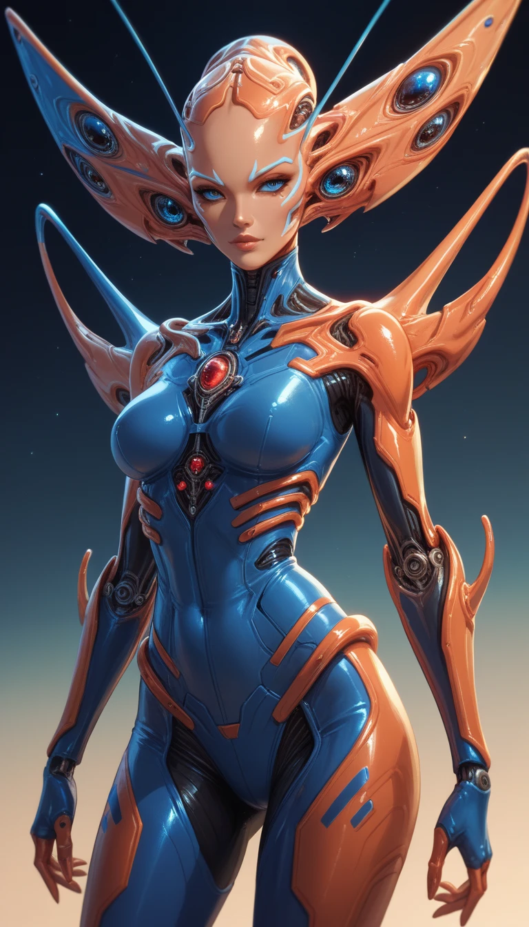 score_9, score_8_up, score_7_up, Wear white and red mechanical clothing, Wonders of the machine, cyber, Cybernetic Guardian, Futuristic Armor, whole body, Front pose, Symmetric, Complex (Steel Metal [rust]), joint, Warframe style, cyborg, Female body armor, (Best Quality, 4K, 8K, High Definition, Masterpiece:1.2), (Ultra Detailed, Realistic, Photorealistic:1.37), detailed fractal patterned skin, cute lips, Bioluminescence, dark aura