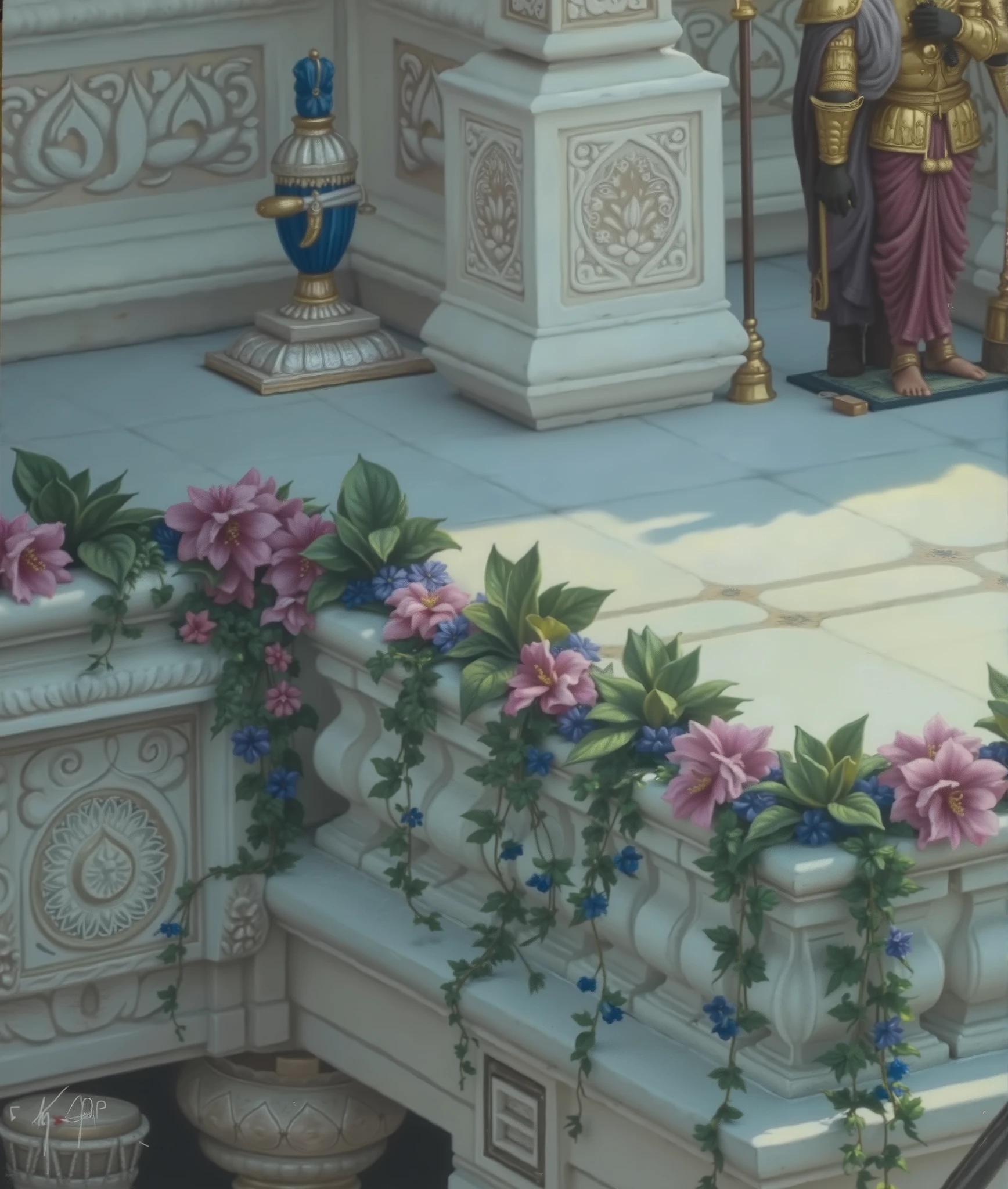 An exquisitely detailed classical oil painting, evoking the grandeur of Renaissance portraiture and Indian miniature art, set on a regal palace terrace bathed in golden sunlight. The palace architecture is a masterpiece of South Indian heritage, adorned with elaborate ivory sandstone carvings, lotus motifs, and ornate pillars, exuding an air of divine opulence. A lush cascade of bougainvillea, wild jasmine, and hanging vines drapes elegantly over the intricately sculpted stone balustrades, their vibrant pink and purple hues contrasting against the sunlit marble. Atop the terrace, a group of masterful musicians, adorned in traditional dhotis, gold jewelry, and sacred tilaks, sits in a serene yet lively symphony. Their bronze-toned, chiseled physiques glisten in the sunlight as they skillfully play their ancient instruments—a veena player plucks golden strings with divine precision, tabla and mridangam players synchronize rhythmic beats, and flutists breathe melodies that drift through the air like an ethereal prayer. Beyond the musicians, an imposing royal guard in golden armor stands at attention, observing the performance with a silent yet authoritative presence. The terrace overlooks an unseen inner courtyard, where glimpses of lush gardens and temple spires hint at the divine sanctity of this palace realm. Rendered in a hyper-realistic oil-on-canvas style, this artwork captures the interplay of sunlight and shadow, the warm golden tones of the sandstone contrasting against the cool blues and purples of cascading flowers. Every brushstroke tells a story—of music, devotion, royal elegance, and the timeless beauty of Indian heritage. A perfect blend of Indian mythology, artistic grandeur, and historical realism, this painting immerses the viewer in a forgotten era where music was a sacred offering and beauty was an eternal pursuit.