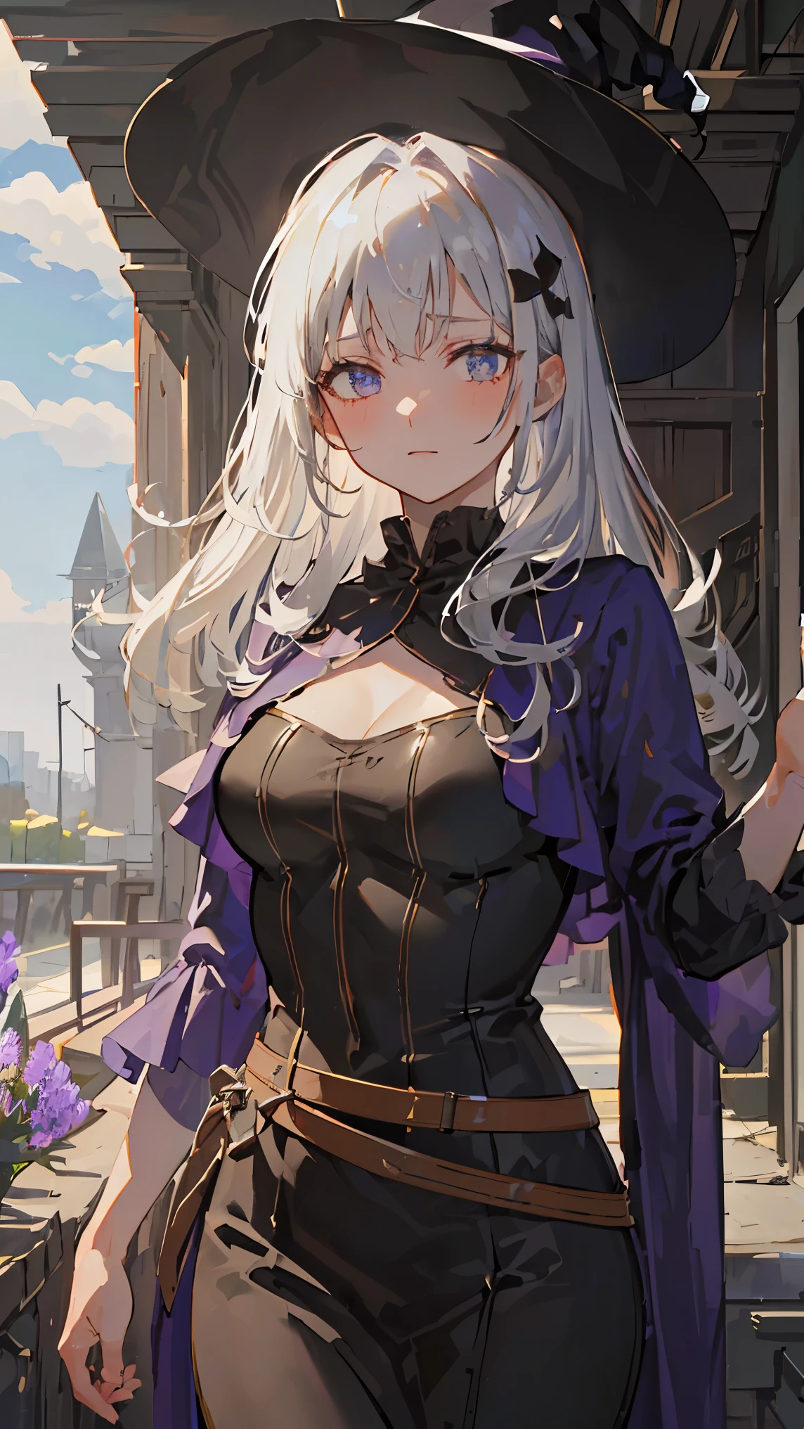 (((Best quality, 8k, Masterpiece: 1.3)), ((best quality)), ((masterpiece)), (detailed), perfect face, perfect body, (detailed skin:1.3), (intricate details), Witch, adult woman, deep blue robe, background (violet flames), hair ornament with hyacinth motif, Light vortex, magic, powerful magical power, A strong gaze, a sense of superiority, Tanned skin, brown skin, silver hair