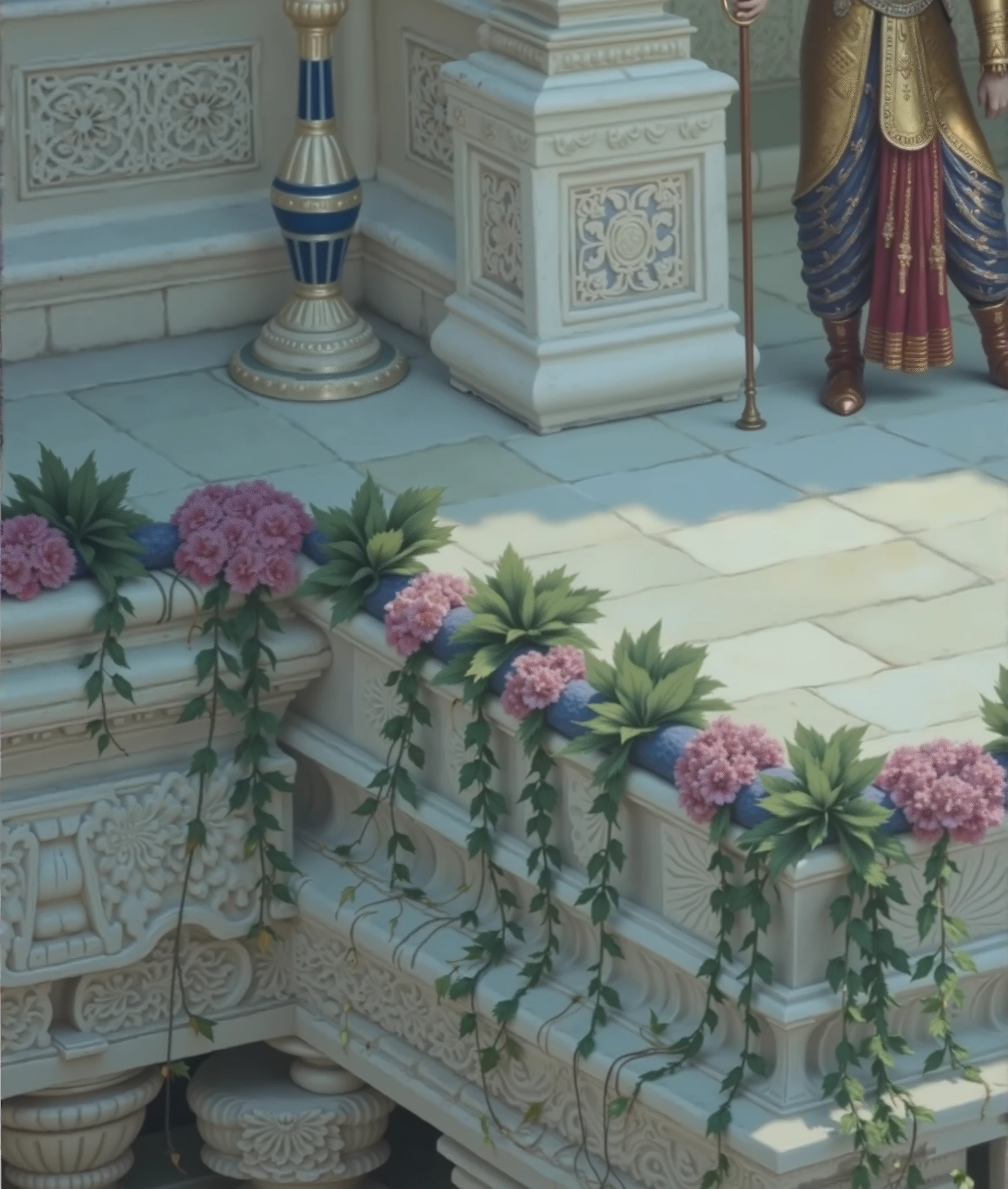 An exquisitely detailed classical oil painting, evoking the grandeur of Renaissance portraiture and Indian miniature art, set on a regal palace terrace bathed in golden sunlight. The palace architecture is a masterpiece of South Indian heritage, adorned with elaborate ivory sandstone carvings, lotus motifs, and ornate pillars, exuding an air of divine opulence. A lush cascade of bougainvillea, wild jasmine, and hanging vines drapes elegantly over the intricately sculpted stone balustrades, their vibrant pink and purple hues contrasting against the sunlit marble. Atop the terrace, a group of masterful musicians, adorned in traditional dhotis, gold jewelry, and sacred tilaks, sits in a serene yet lively symphony. Their bronze-toned, chiseled physiques glisten in the sunlight as they skillfully play their ancient instruments—a veena player plucks golden strings with divine precision, tabla and mridangam players synchronize rhythmic beats, and flutists breathe melodies that drift through the air like an ethereal prayer. Beyond the musicians, an imposing royal guard in golden armor stands at attention, observing the performance with a silent yet authoritative presence. The terrace overlooks an unseen inner courtyard, where glimpses of lush gardens and temple spires hint at the divine sanctity of this palace realm. Rendered in a hyper-realistic oil-on-canvas style, this artwork captures the interplay of sunlight and shadow, the warm golden tones of the sandstone contrasting against the cool blues and purples of cascading flowers. Every brushstroke tells a story—of music, devotion, royal elegance, and the timeless beauty of Indian heritage. A perfect blend of Indian mythology, artistic grandeur, and historical realism, this painting immerses the viewer in a forgotten era where music was a sacred offering and beauty was an eternal pursuit.