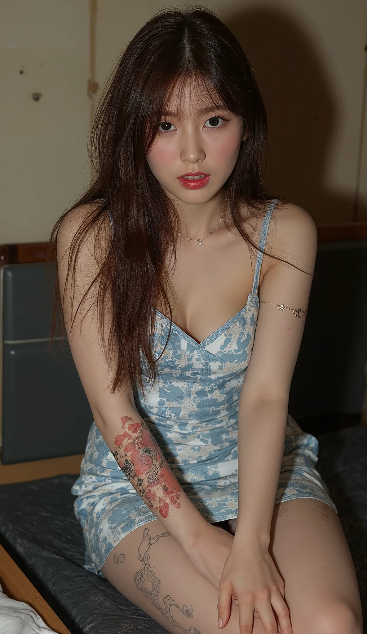 NSFW,
Full-body photo,
A beautiful prostitute doing sex work,
She was the youngest member of the former idol group "Oh My Girl",
Her name is "Arin",
She has fallen into cheap prostitution,
She is wearing a mini dress from her idol days, but it is worn out and dirty,
Her mini dress is worn out and torn in places and looks shabby,
She is very vulgar,
She has many STDs and has many ugly warts and rashes on her skin,
Her STDs are severe,
(She is a drug addict and has injection scars on her arms that have turned into warts),
Dark circles under the eyes,
Her clients are poor people such as beggars and vagrants,
She has sex with multiple male clients at the same time in a dirty room in a rundown hotel in the slums,
Dirty bed,
Dirty and cloudy mirror,
Mirror is chipped,
Cheap furniture,
Room is dimly lit,
There is a dirty syringe,
There are pills,