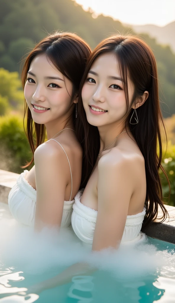 (2 girls:1.3), ((highest quality)), (super detailed), (very detailed CG 統合 8k 壁紙), very detailed, High-definition RAW color photo, professional photography, korean idol、brown hair, wonderful face and eyes, cover one's chest with one's hands、smile、 (amazingly beautiful girl), hot spring, hot spring, forest, forest bathing,