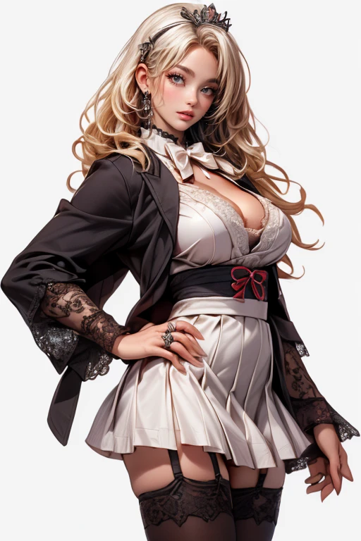 ((wavy white long hair):1.3,beatiful detailed eyes,Perfect proportions,eyes with brightness,The face is red,Very red,Very shy,choker necklace,ear jewelry,Pink and moist lips),1 sexy beauty with big breasts,was standing at a crossroads,Put on cute gestures,V gesture,Elegant and beautiful hairpins,White wavy curls,Bare-legged and high heels,Student uniform,White shirt with black pleated skirt,white stockings,high-heels,red necktie,Dignified and capable,((8K,tmasterpiece,realisticlying),(Hyper-detailing,Ultra-clear,naturey,)