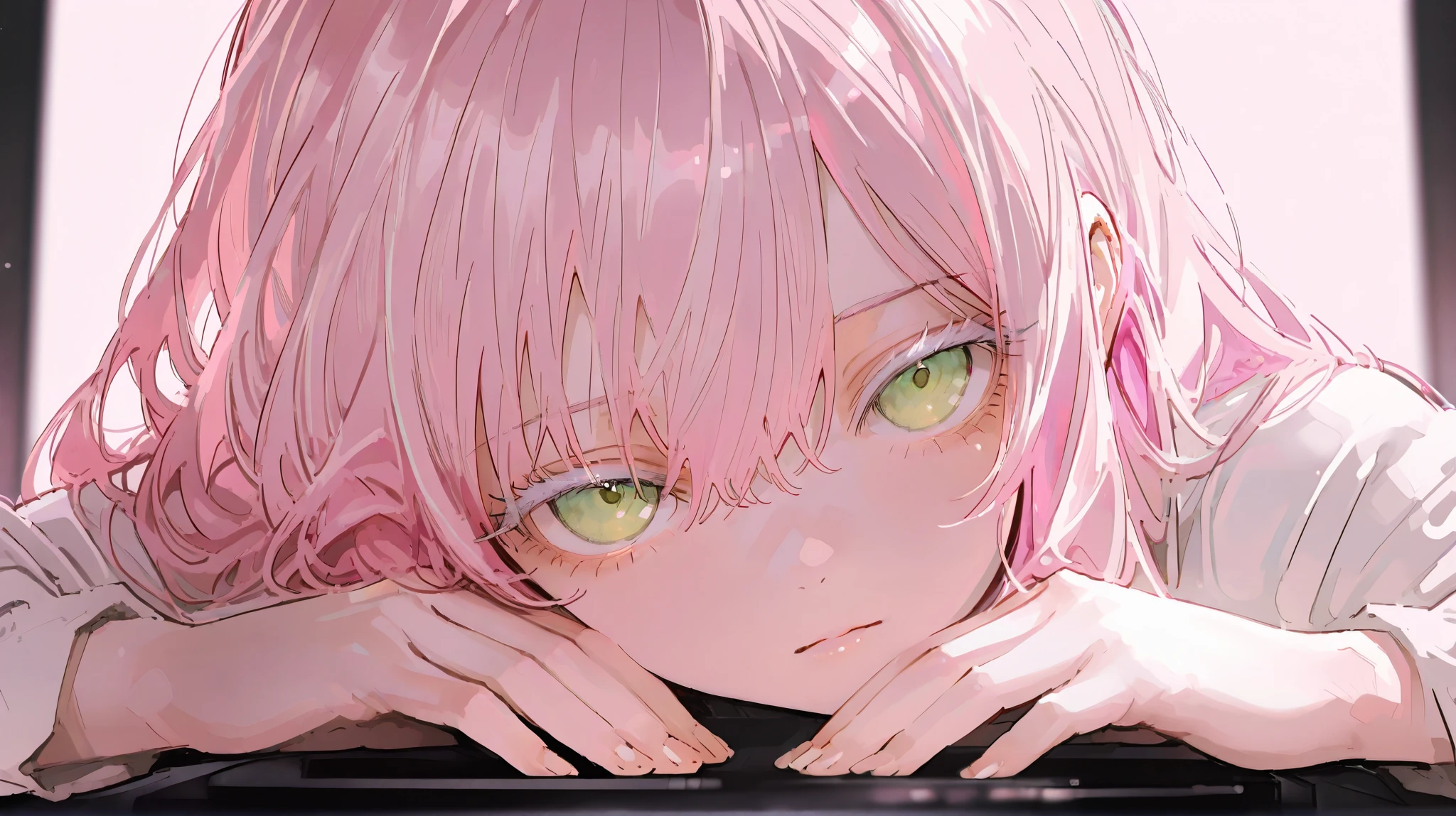masterpiece , best quality , good quality , average quality , very detailed , very beautiful , absurd , blurred background , depth of field , natural light , soft lighting , good hands , DJing , detailed hair , long pink hair , sensitive , one girl , solo , staring at viewer , , simple background light green eyes , white eyelashes , white closes , simple background