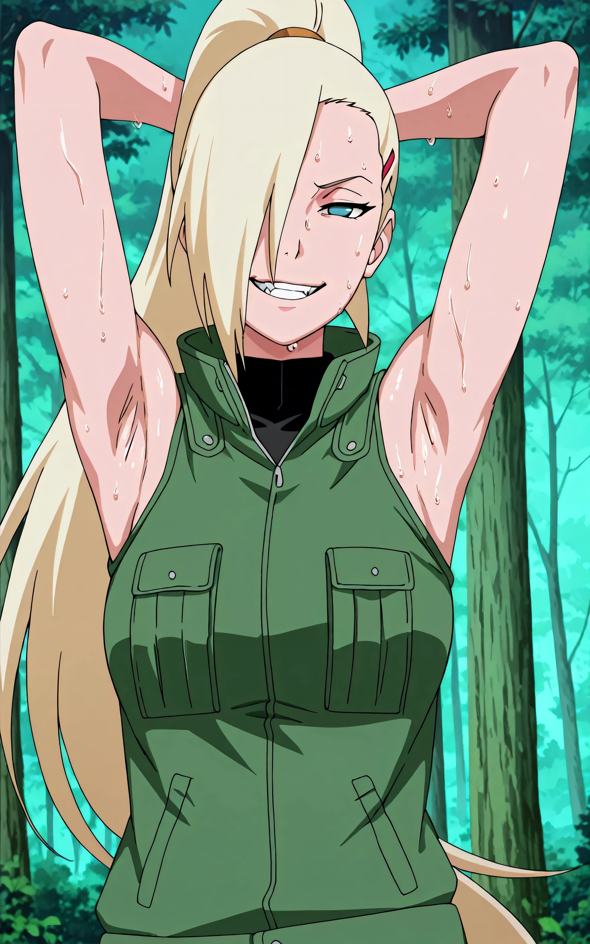 masterpiece, best quality, amazing quality, front light, anime screencap, 1girl, solo, InoShipuuden, blonde hair, high ponytail, hair over one eye, extra pockets, open collar, high collar, Green Flak Jacket, black sweater, breasts, blue eyes, bare shoulders, bare arms, arms behind head, armpits, head towards viewer, looking at viewer, evil smile, grin, smug, teeth, (front light:1.1), half-closed eyes, armpits focus, outdoors, day, forest, sweaty