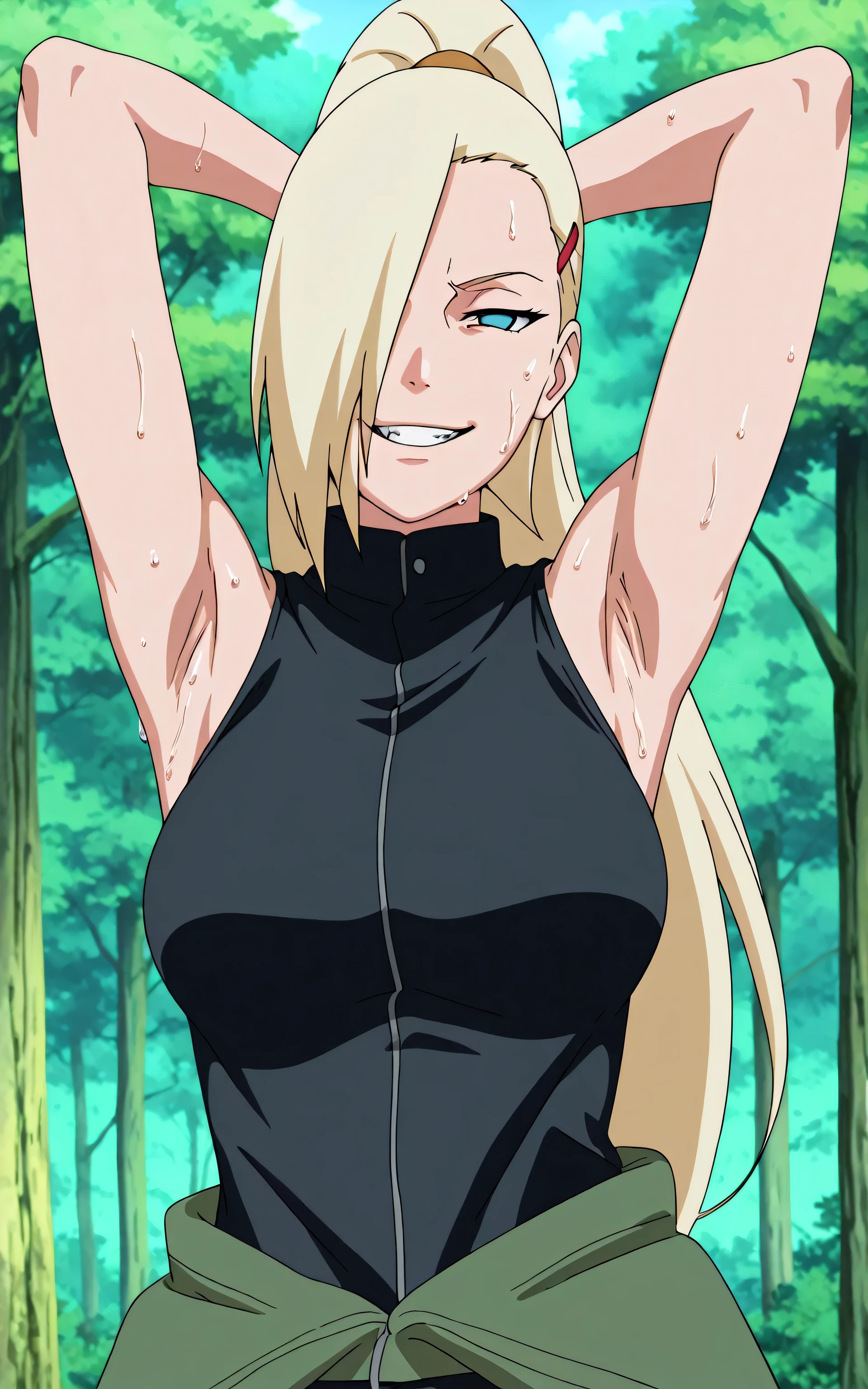masterpiece, best quality, amazing quality, front light, anime screencap, 1girl, solo, InoShipuuden, blonde hair, high ponytail, hair over one eye, extra pockets, open collar, high collar, Green Flak Jacket, black sweater, breasts, blue eyes, bare shoulders, bare arms, arms behind head, armpits, head towards viewer, looking at viewer, evil smile, grin, smug, teeth, (front light:1.1), half-closed eyes, armpits focus, outdoors, day, forest, sweaty