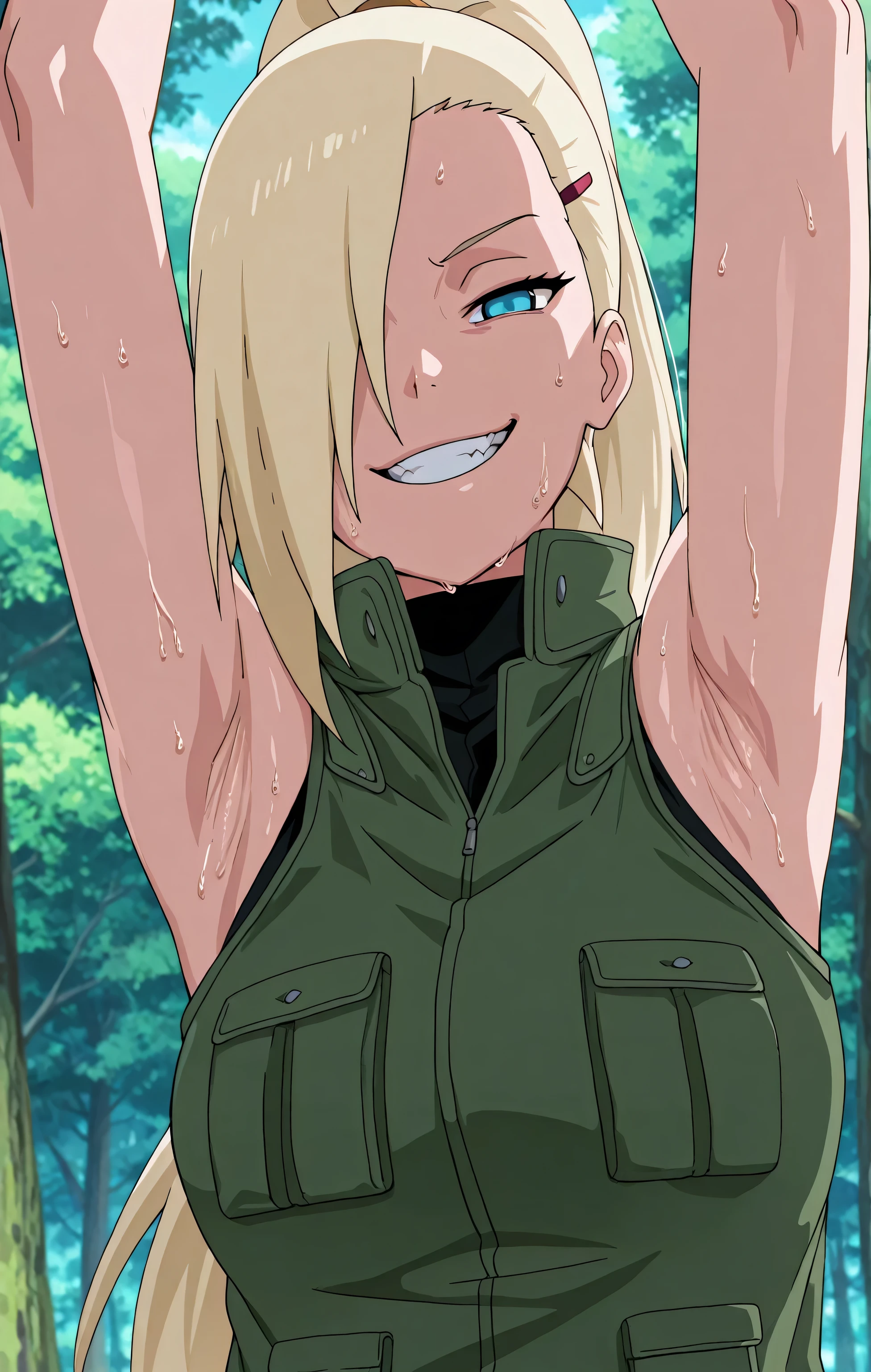 masterpiece, best quality, amazing quality, front light, anime screencap, 1girl, solo, InoShipuuden, blonde hair, high ponytail, hair over one eye, extra pockets, open collar, high collar, Green Flak Jacket, black sleeveless turtleneck, breasts, blue eyes, bare shoulders, bare arms, arms up, raised arms, armpits, head towards viewer, looking at viewer, evil smile, grin, smug, teeth, (front light:1.1), half-closed eyes, armpits focus, outdoors, day, forest, sweaty 