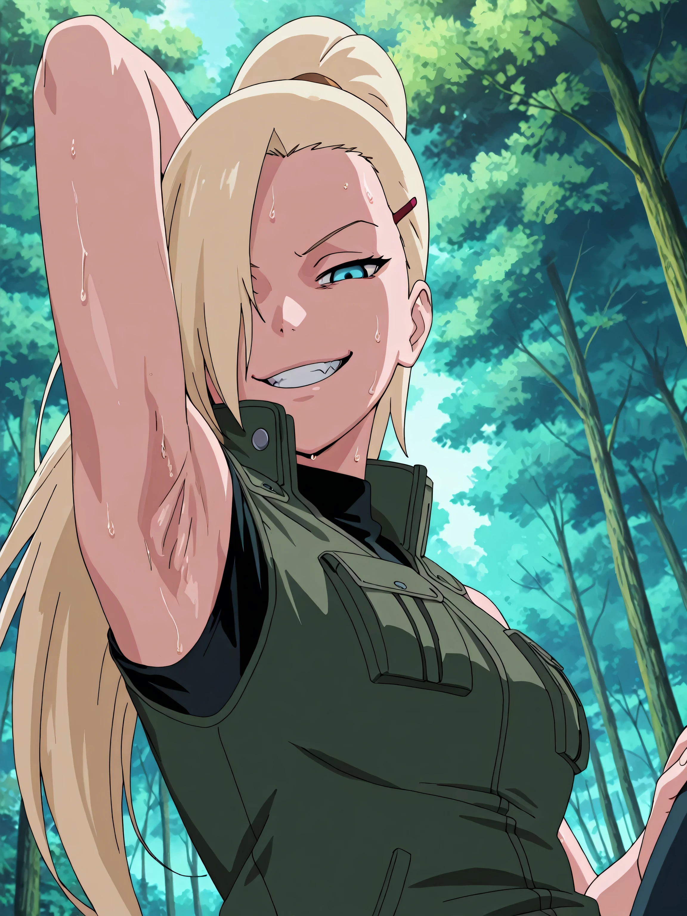 masterpiece, best quality, amazing quality, front light, anime screencap, 1girl, solo, InoShipuuden, blonde hair, high ponytail, hair over one eye, extra pockets, open collar, high collar, Green Flak Jacket, black sweater, breasts, blue eyes, bare shoulders, bare arms, arm behind head, armpit, head towards viewer, looking at viewer, evil smile, grin, smug, teeth, (front light:1.1), half-closed eyes, armpit focus, outdoors, day, forest, sweaty, from side, from below, on viewer's lap, armpit into viewer's face