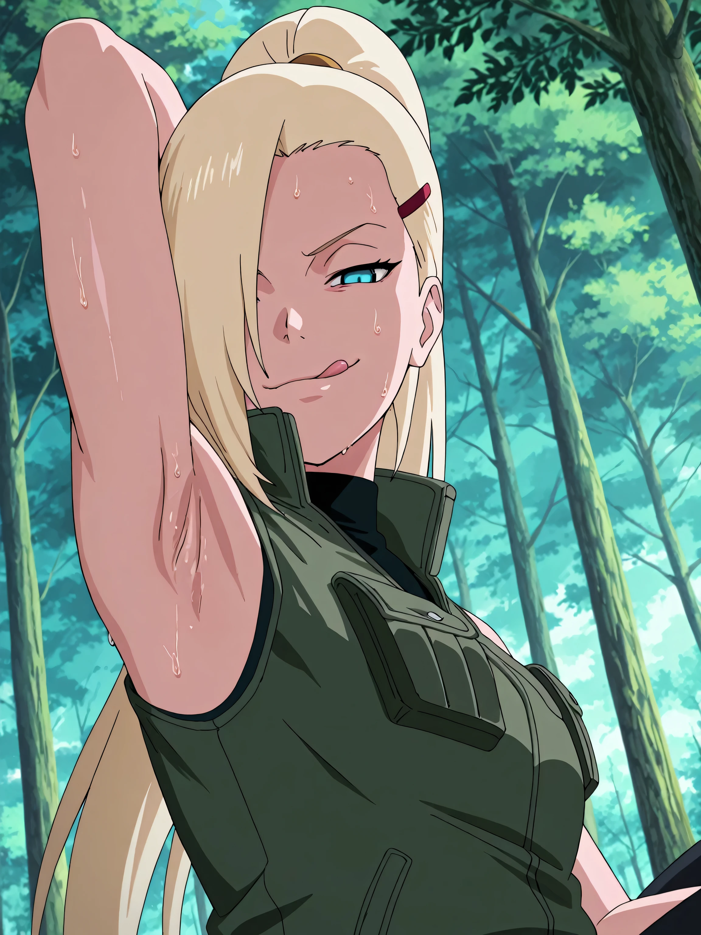 masterpiece, best quality, amazing quality, front light, anime screencap, 1girl, solo, InoShipuuden, blonde hair, high ponytail, hair over one eye, extra pockets, open collar, high collar, Green Flak Jacket, black sweater, breasts, blue eyes, bare shoulders, bare arms, arm behind head, armpit, head towards viewer, looking at viewer, evil smile, smug, licking lips, (front light:1.1), half-closed eyes, armpit focus, outdoors, day, forest, sweaty, from side, from below, on viewer's lap, armpit into viewer's face