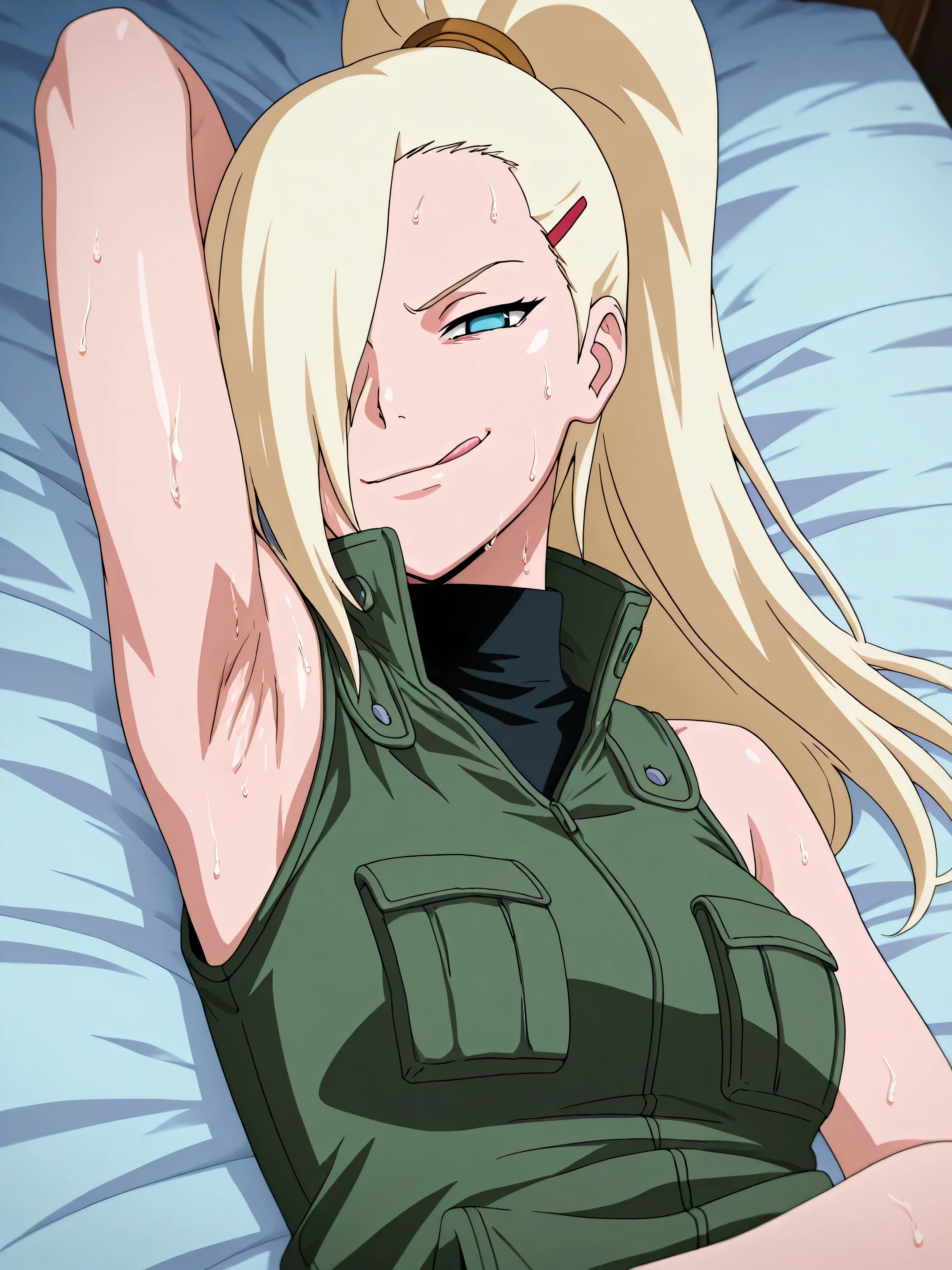 masterpiece, best quality, amazing quality, front light, anime screencap, 1girl, solo, InoShipuuden, blonde hair, high ponytail, hair over one eye, extra pockets, open collar, high collar, Green Flak Jacket, black sweater, breasts, blue eyes, bare shoulders, bare arms, arm behind head, armpit, head towards viewer, looking at viewer, evil smile, smug, licking lips, (front light:1.1), half-closed eyes, armpit focus, sweaty, lying in bed