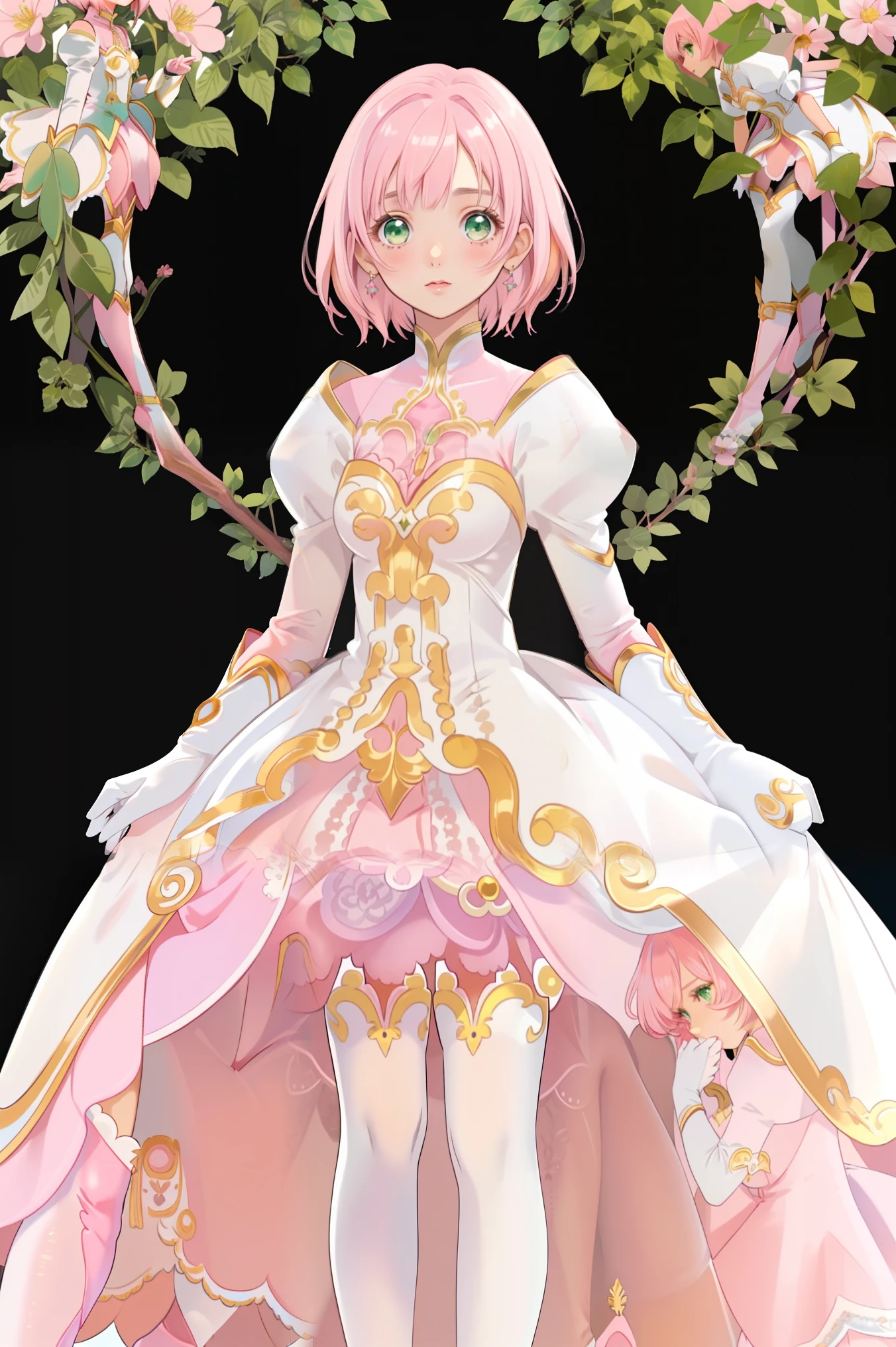 masterpiece, top quality, alone, one girl, Estelys Bond Hurasane, PINK HAIR, short hair, green eyes, small breasts, White and pink dress, glamorous dress, Pink Color, Pink Skirt, white boots, white gloves, (black tights, black legwear :1.1)full body, little:5, cute, (beautiful detailed face), (beautiful attention to detail), ( beautiful detailed hair)