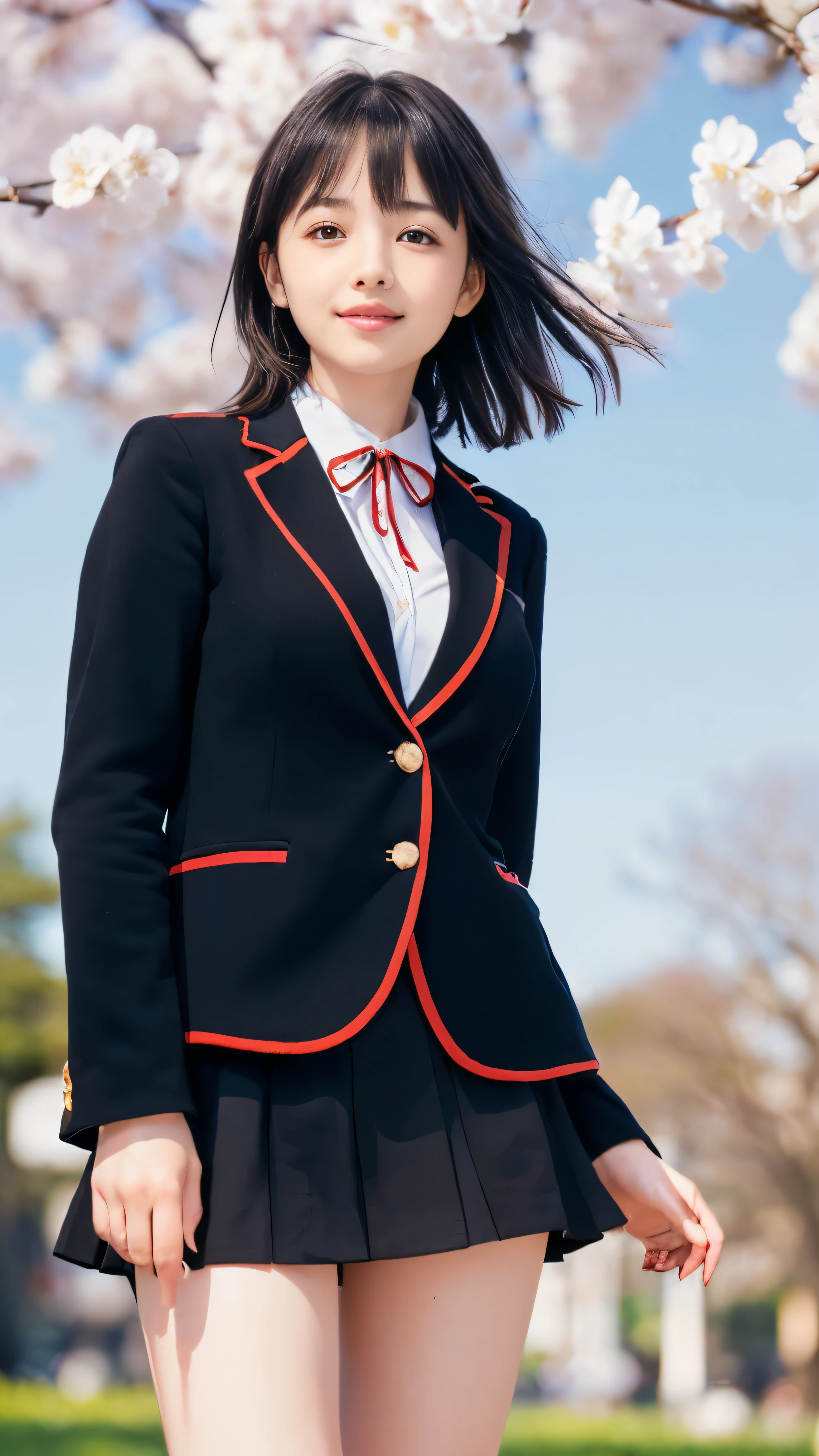 (Face shot of one slender small breasts two side up black medium hair with bangs girl in a black blazer uniform with a red trimmed collar and black skirt:1.5)、(A girl salute in the park with small smile:1.5)、(Beautiful blue sky and cherry blossoms in full bloom in Japan:1.5)、(Uniform with a black blazer and a black skirt with a red edging collar:1.5)、(blurred background:1.5)、(Natural light:1.5)、(8k ultra detailed master piece:1.5)、(perfect anatomy:1.5)、(Photorealistic stick:1.5)、(Raw photo:1.3)、(highest quality:1.5)、(High resolution:1.3)、(Delicate and beautiful perfect face:1.3)、(Delicate and beautiful eye air skin:1.3)、(Real Human Skin:1.3)、((thin legs))