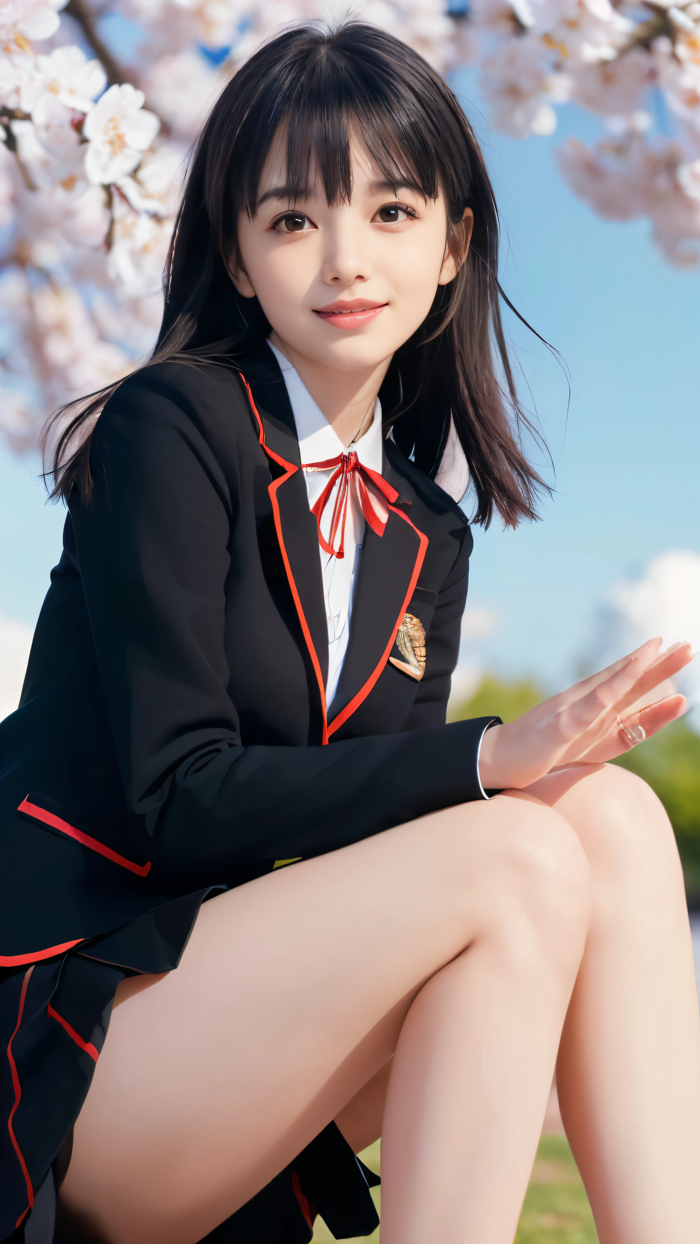 (Face shot of one slender small breasts two side up black medium hair with bangs girl in a black blazer uniform with a red trimmed collar and black skirt:1.5)、(A girl salute in the park with small smile:1.5)、(Beautiful blue sky and cherry blossoms in full bloom in Japan:1.5)、(Uniform with a black blazer and a black skirt with a red edging collar:1.5)、(blurred background:1.5)、(Natural light:1.5)、(8k ultra detailed master piece:1.5)、(perfect anatomy:1.5)、(Photorealistic stick:1.5)、(Raw photo:1.3)、(highest quality:1.5)、(High resolution:1.3)、(Delicate and beautiful perfect face:1.3)、(Delicate and beautiful eye air skin:1.3)、(Real Human Skin:1.3)、((thin legs))