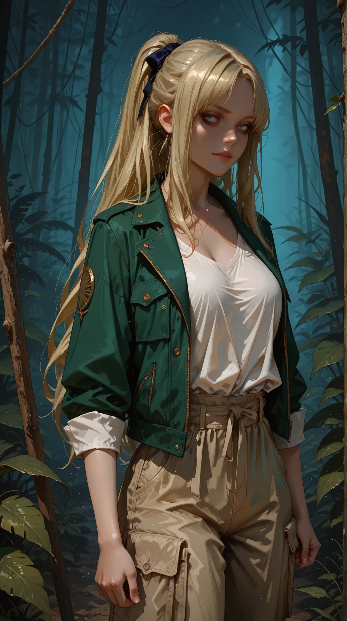 Score_9, score_8_up, score_8, score_7_up, (Evangeline Lilly:Alicia Vikander) ponytail, Explorer in the jungle, white shirt, green jacket, beige cargo pants, year 1925, Lovecraft atmosphere, dark atmosphere, masterpiece, hyperdetailed, trending on artstation, sharp focus, golden ratio, 4k resolution. Digital art, in the style of Luis Royo:Boris Vallejo.