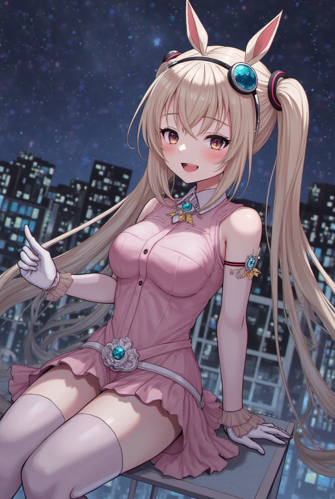 official art, masterpiece, sharp focueautiful gorgeous cute Korean woman:1.3), (beautiful cute korean:1.3), (beautiful amd aesthetic:1.2), korean beauty, Delicate and beautiful hair and eyes and face, realistic, ultra detailed, beautiful girl, blue sky, glow white particle, (sidelighting:1.2), sun light, white cloud, detailed clouds, slender, Lovely very large breasts and very large hips,showing pink slip and smiling, (((shy and aroused, pink Star-shaped pupils eyes)), (((Happiness:0.5))), scenery, long straight hair, sexy facial expression, build (hotelscape:1.7), dynamic hair, blonde long straight hair, detailed hair, streaked hair, glow pink wink eyes, rose pleated skirt+white off shoulder blouse), white long socks, pale skin, epic scenery, (Tiara:1.5), hair ornament, Princess white gloves, Wet body, Fiery Rose, sexy look, blood moon, moon light, (white rabbit), eating creams