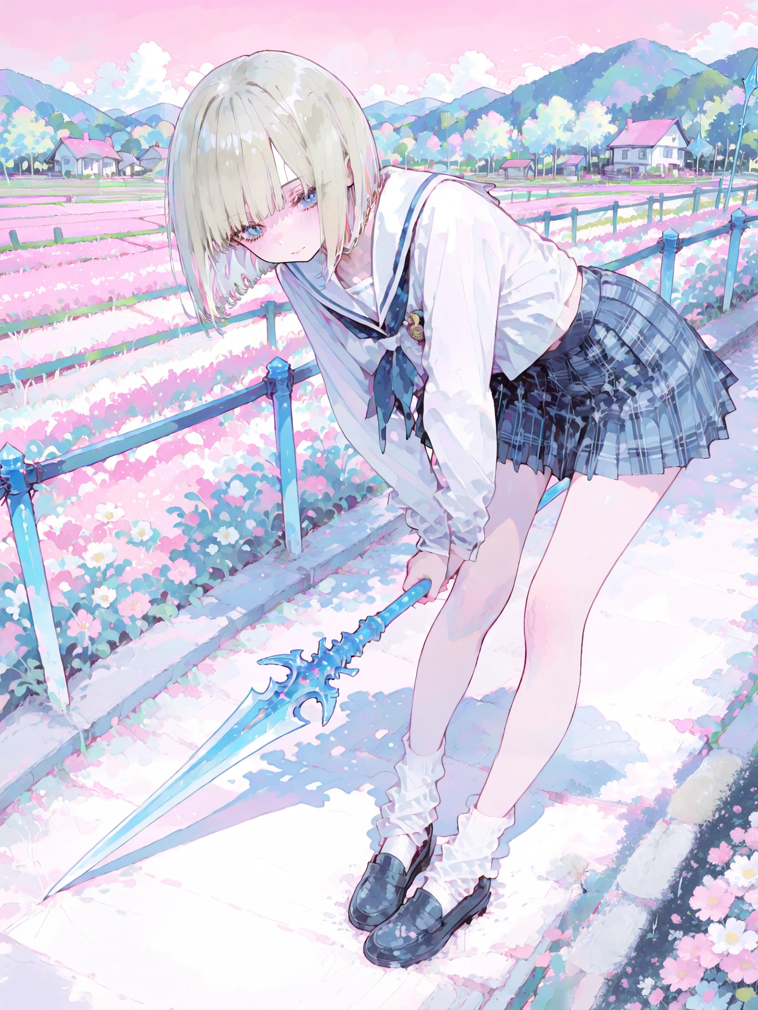 platinum blonde hair color,, Long bob cut hairstyle,blue eyes,Move your feet forward without bending your knees, Pleated miniskirt,cute girl the secondary school anime style,A look of determination,super fine illustration,solo,
Ready your spear,She is running happily,Country road lined with rice fields,she is standing,
pastel colors,Pin up Girl