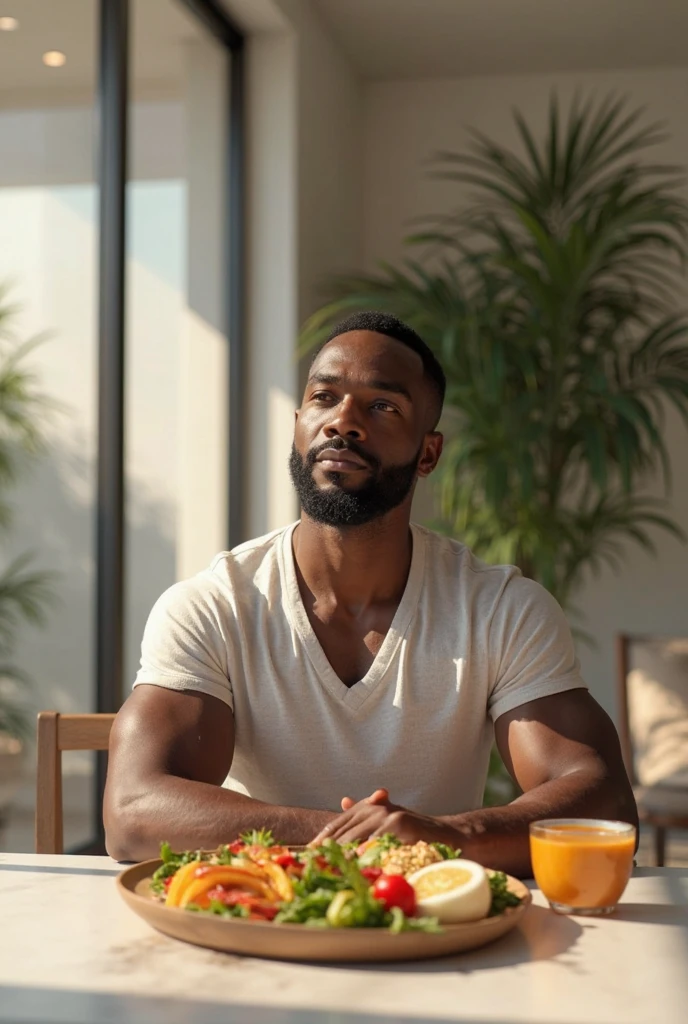 Dark-skinned, not-so-muscular athlete sits at the living room table to eat