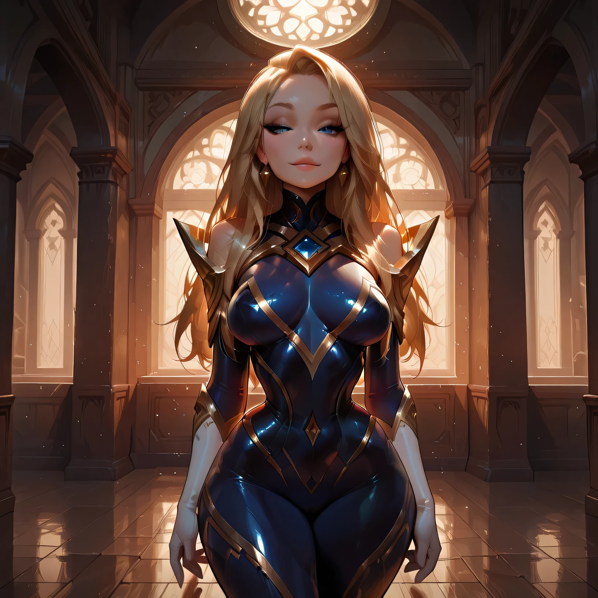 masterpiece, best quality, amazing quality, intricate details, ultra-detailed, ultra-realistic, 8k uhd, full-body shot of Lux from League of Legends, 18s, solo, slender yet curvy physique, beautiful bright blue eyes, long eyelashes, blonde long extremely fine hair, naturally full pink lips, oval face, peaky breasts, thick thighs, big round buttocks, wide hips, thin waist, symmetrical features, wearing short tight blue bodysuit armor, white gloves, transparent high-heeled sandals, ultra-detailed clothing, seductive expression, sensual smile, standing relaxed sensual pose, set in ancient temples, meditation areas, glowing fireflies, ultra-detailed environment, rich textures, vibrant colors, photorealistic style, touch of glamour and luxury, romanticized aesthetic, perfect high-definition rendering of facial and body features, ultra-detailed lighting and shadows, strong vivid colors, ultra-sharp focus, inspired by Artgerm illustrations, cinematic lighting, (eyelashes), (ExpresHGothicNeonIncase)