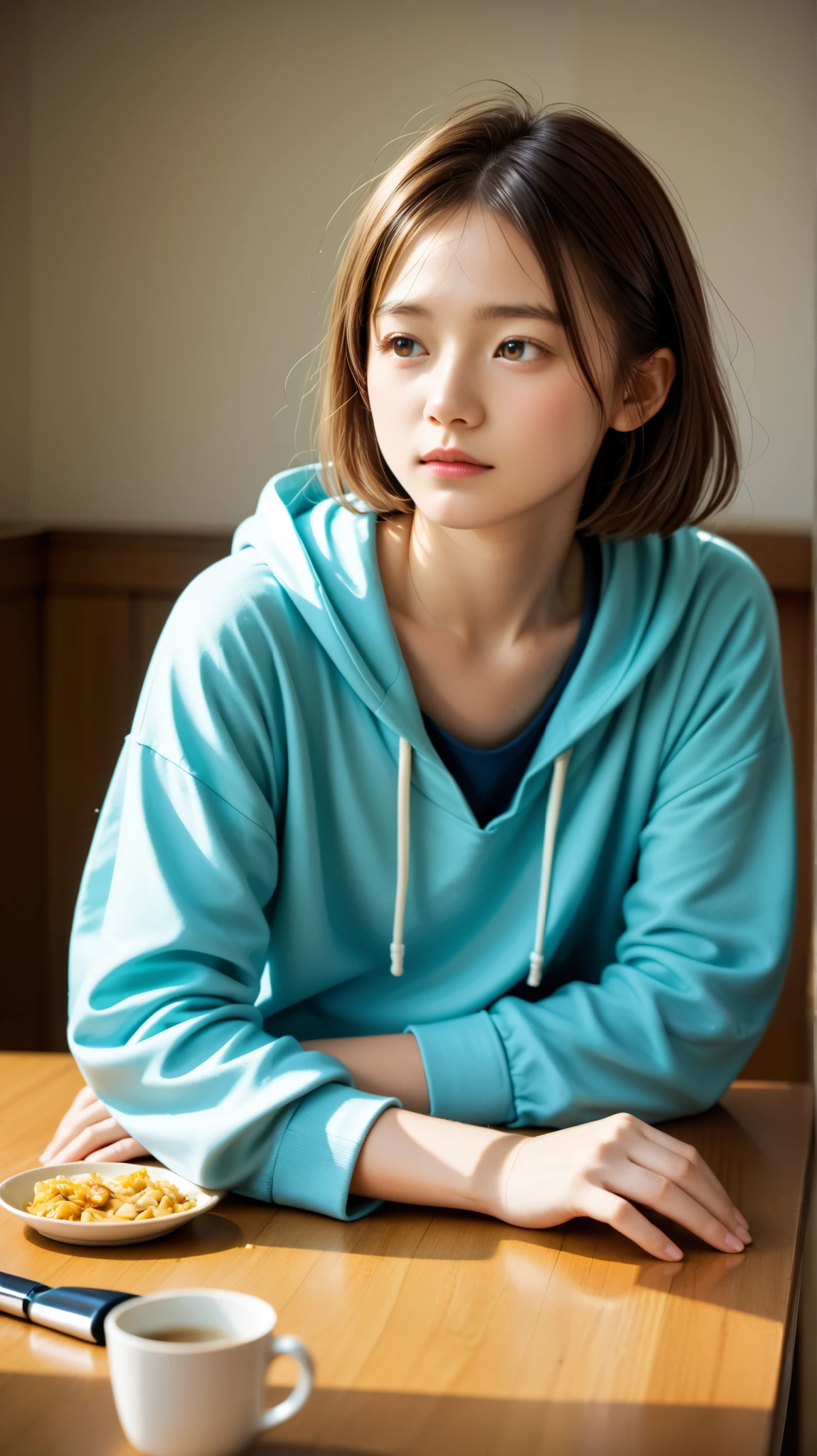 (top quality, table top:1.2, ultra high definition, realistic:1.5), RAW photo, FILM GRAIN、Japanese woman, pretty girl, clear white skin 、hoodie 、Look away 、thin, soft and smooth hair 、 top quality 、 nothing 、 one girl 、blond hair、 My Room、 succulents、