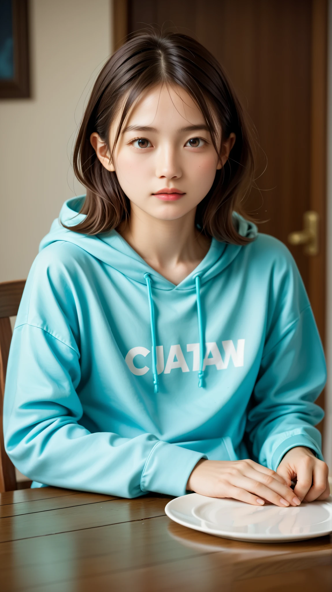 (top quality, table top:1.2, ultra high definition, realistic:1.5), RAW photo, FILM GRAIN、Japanese woman, pretty girl, clear white skin 、hoodie 、Look away 、thin, soft and smooth hair 、 top quality 、 nothing 、 one girl 、blond hair、 My Room、 succulents、