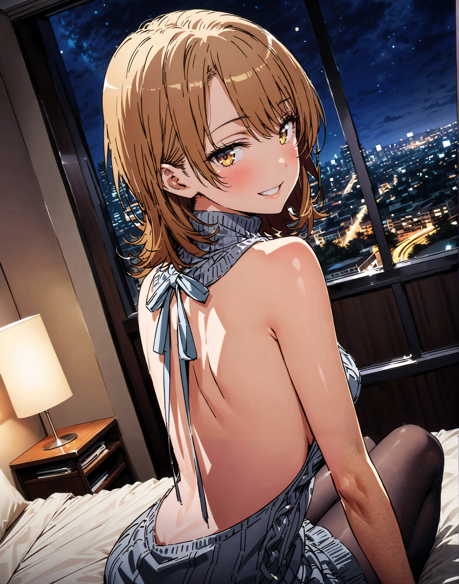Irohaisshiki, Isshiki Iroha , short hair, brown hair, brown eyes,blushes,誘惑的なsmile,narrow your eyes, grin ,yellow virgin killer sweater, Naked Sweater, sweater dress, Open back clothing, turtleneck sweater with blush spoken, backless dress, sideboob,black pantyhose sitting on bed,Sitting on the bed,interior, beautiful night view with depth,Beautiful cityscape,full bodyがイラストに入るように,break indoors,bedroom,
break looking at viewer,full body,
break (masterpiece:1.2),top quality , kampala, Unity 8K Wallpaper ,(shape:0.8),( fine, beautiful eyes :1.6),It's a person ,full body写真,CG Details , (perfect hands with full nudity,complete anatomy),
indoor, classroom, stand straight , smile,
viewers, cowboy shooting, Dutch angle, Alone,