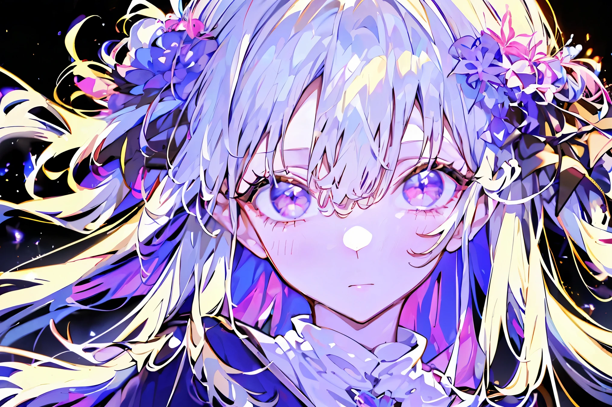 (((Best quality, 8k, Masterpiece: 1.3)), ((best quality)), ((masterpiece)), (detailed), perfect face, perfect body, (detailed skin:1.3), (intricate details), Witch, adult woman, deep blue robe, background (violet flames), hair ornament with hyacinth motif, Light vortex, magic, powerful magical power, A strong gaze, a sense of superiority, Tanned skin, brown skin, silver hair, Wizard's wand