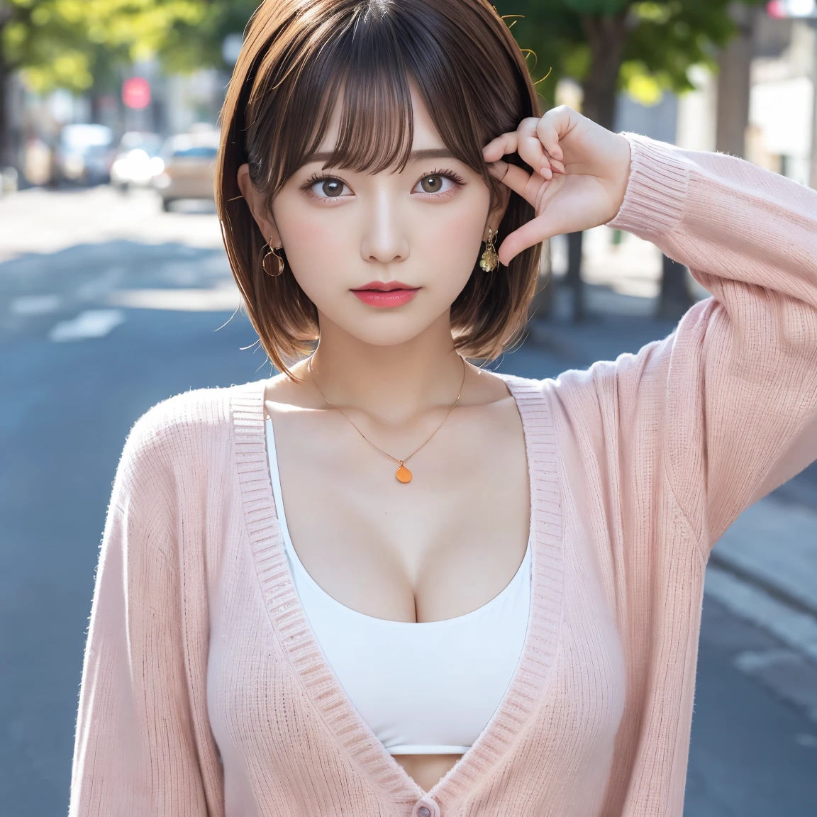 ((Colorful Hair)), Beautiful Japanese Woman, 1 person, 22 years old, Upper Body, suit, V-neck shirt, Shapely breasts, Cleavage, short hair, Straight hair, Looking into the camera, Highly detailed face and skin texture, highest quality, masterpiece, 8k, Realistic