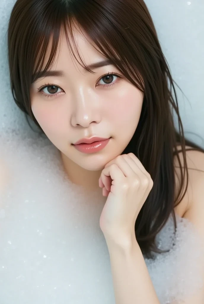 in 8K、top-quality、​masterpiece、ultra-detailliert、Ultra-high resolution、1 persons、15yo girl、A dark-haired、二重まぶた、浴室、steams、(Wrap a white bath towel around your body)、(wetting hair)、((wetted skin))、(water dripping)、(((Face uplifted)))、(((perspiring)))、turned around