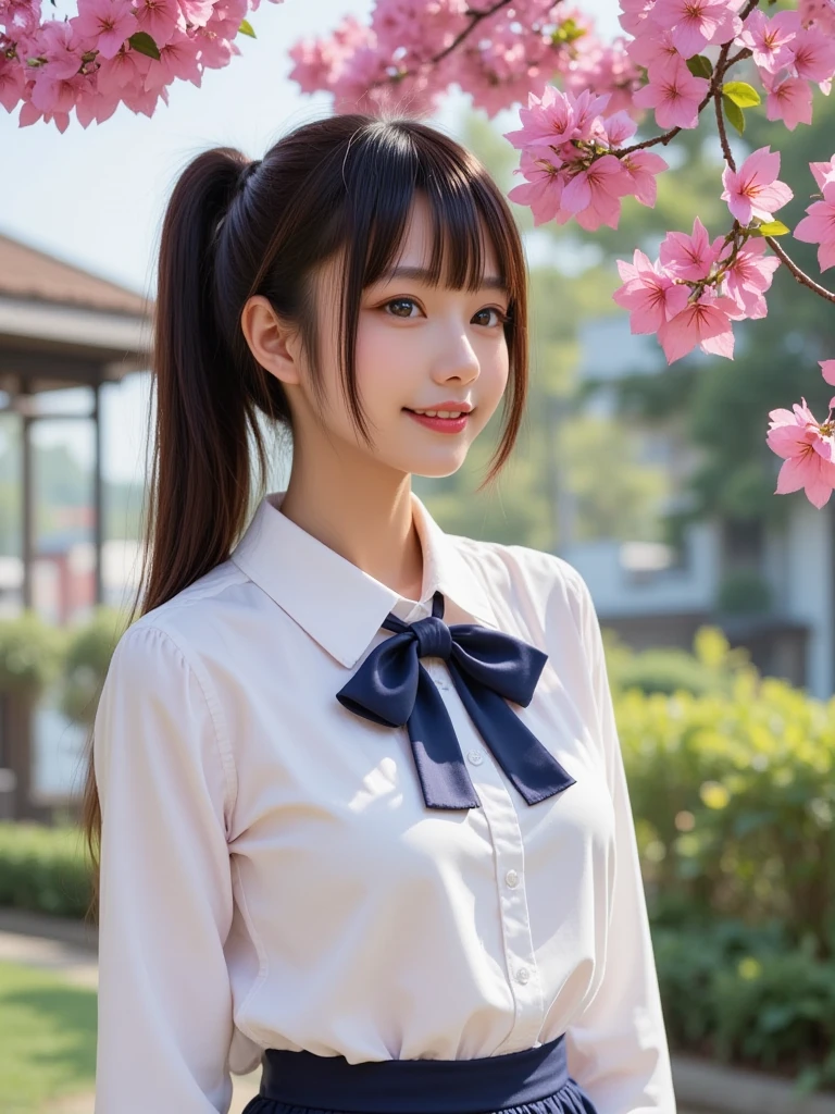 (highest quality, masterpiece:1.2), highest quality, High resolution, 1080P, 8K, Height: 158cm, ((A very intelligent, very noble, pretty and neat Japanese beautiful girl fashion model. Looking at the audience. Realistic fashion model)), ((((White face with plump cheeks)))), Glossy lips, (Evenly cut bangs), ((Very beautiful dark eyes)), The very large, shiny, wide red ribbon bow-tie on her chest is very cute., ((Black Hair)), ((long twin braids)), (((Cream colored blouse))), A neat uniform, Very lustrous, glossy lips, Open hand over open mouth, Beautiful hair like a hair model, Cream colored long skirt, Watching the viewer and laughing, ((Incredibly well organized, The expression is rich. plump and beautiful skin and face)), ((Pure and clear eyes)), Long eyelashes, ((laughing at me!))