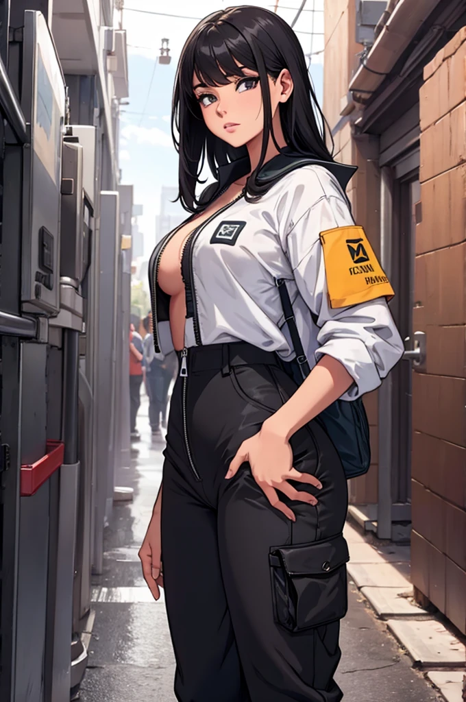 最high quality、best image quality、masterpiece、teenage girl((18-year-old、 By becoming、vest bust、medium bust,wide open breast tea、black eye, black hair、ponytail、thin,highest valley、Perforated gloves、blue earrings、bandana、black stretch work clothes、red work pants、have work tools、the whole body gets dirty、At work、cute smile、sweating、wrap the jacket around your waist、blue cap hat、Random movement)),high quality、beautiful art、background((fighter jet、hangar)),debris flies、Depth of written boundary、movie、visual art、perfect art、8K,genuine