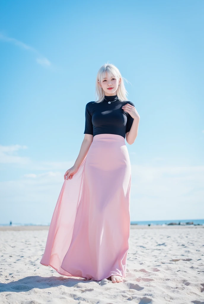 Slender Asian Girl, kpop-idol, ((Beach Walking)), ((satin silky Cyan T-shirt)), ((satin silky pink skirt)), ((Top  Quality, 8K, Masterpiece: 1.3)), sharp focus: 1.2, a beautiful woman with perfect figure: 1.4, The face and skin texture are delicately depicted, Detailed Eyes, skiny, beautifull face, symmetrical face, full-length, Walking in sand, Sexy poses, ((Super Round breasts under the dress)) , Beautiful Thighs, ((Perfect thighs)), stylish Poses, 