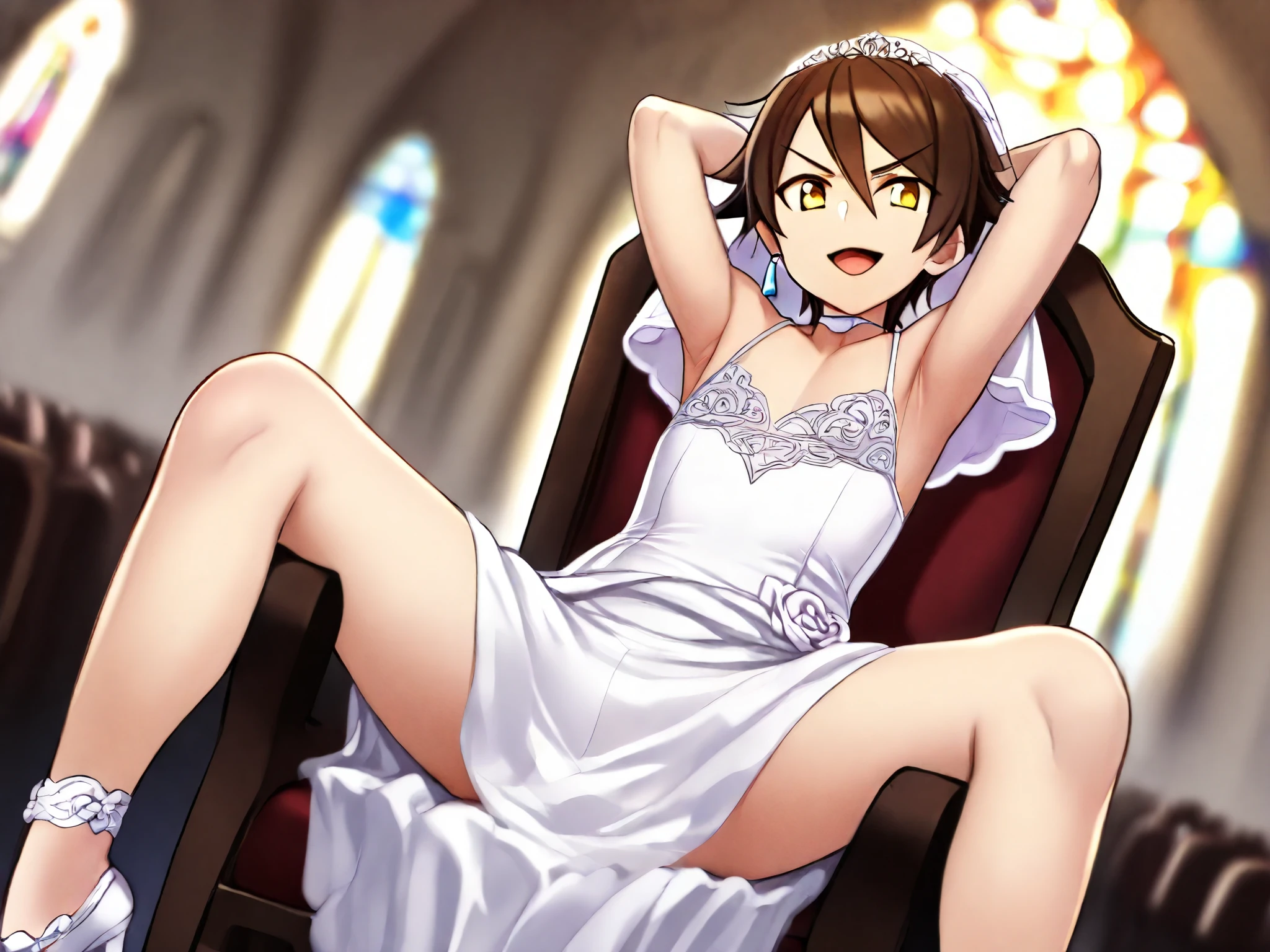 low detail backgound, wedding ceremony background, blurry background, character focus, 1boy, young boy, solo, best quality, 5finger, 2arm, 2hand, 2leg, perfect arms, perfect hands, perfect legs, perfect face, perfect fingers, hands fix, perfect anatomy, looking at viewer, high quality outfit, light smile, open mouth, v-shaped eyebrows, yellow eyes, brown hair, very short hair, white choker, white bride dress, white elbow glove, white glove, white bride veil, white high heels, white socks, crossdresser, loose clothes, clevage, arms behind head, hight quality armpit, armpit, armpit focus, showing off armpit, spread leg, sitting on church chair, violet diamond earring