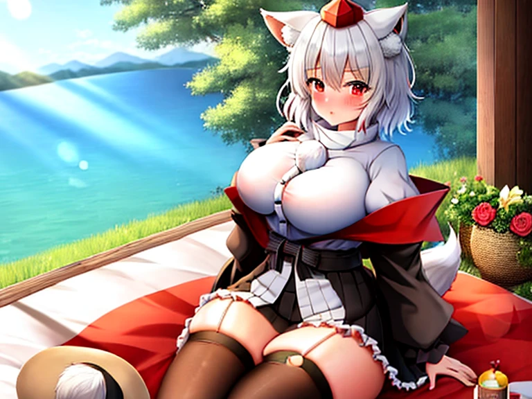 (masterpiece, highest quality:1.2), alone, One girl, umpd gold ship, pillbox hat, Red dress,No sleeve, White Pantyhose, boots, Horse tail, blush、Background Nature、(Huge breasts:1.6)、Close your eyes and scream、Spread your legs、Leg spread、See-through underwear、Underwear that gets wet、Thick white love juice、Drip a large amount of love juice、Masturbation、masturbation behavior、Clothes are see-through、Underwear wedgie
