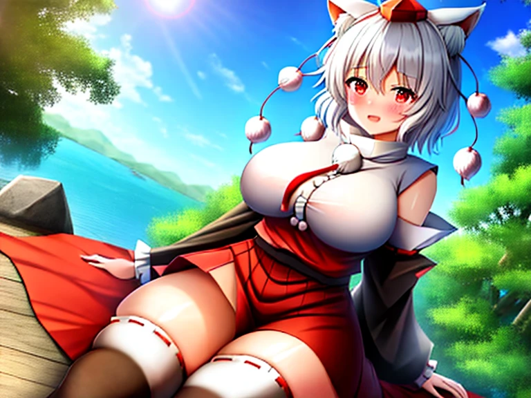 One girl, Fujiwara no Mokou(From desire. She has huge boobs) In the bamboo forest. She has white hair, Red eyes. She is wearing a white shirt, sit, night, moon, Hair Ribbon, Unbuttoned shirt, Grab your chest、Nipples、Muscular、Abdominal muscles、Beautiful, sensual and erotic woman with a curvaceous body, Long, fluffy black hair, bangs, Beautiful and fit breasts, Detailed black eyes with long eyelashes, Sensual smile, 