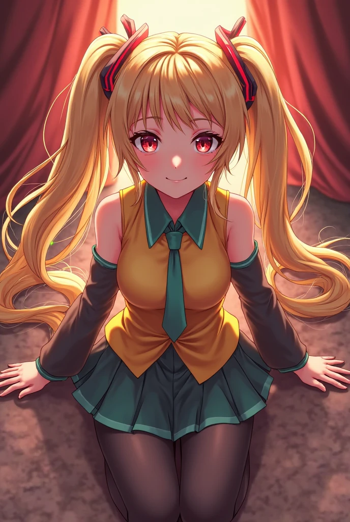my, (yellow hair:1.5), long hair, (red eyes:1.5), (hair ornaments:1.2), two side up,school uniform, shirt, white shirt, bow, green bow, skirt, green skirt, pleated skirt, short skirt, sweater, brown sweater,