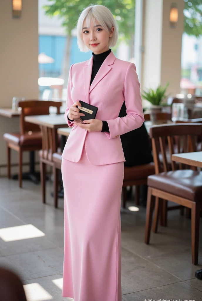 Top Quality, Masterpiece, High Resolution, 8k, Instagram photo, reailistic photo. Low angle photo. Lora: realistic asian. a young woman white skinned,  20 years old, height 160 cm, standing in a room with a wooden floor and a gray wall. She is wearing a beige-colored dress with a high neckline and long sleeves. The dress is knee-length and has a high slit on the left side. She has a hijab on her head and is holding a white handbag in her right hand. The woman is also wearing white high heels and has her hair tied up in a neat bun. There is a wooden table and chairs in the background. The overall style of the outfit is modern and elegant.