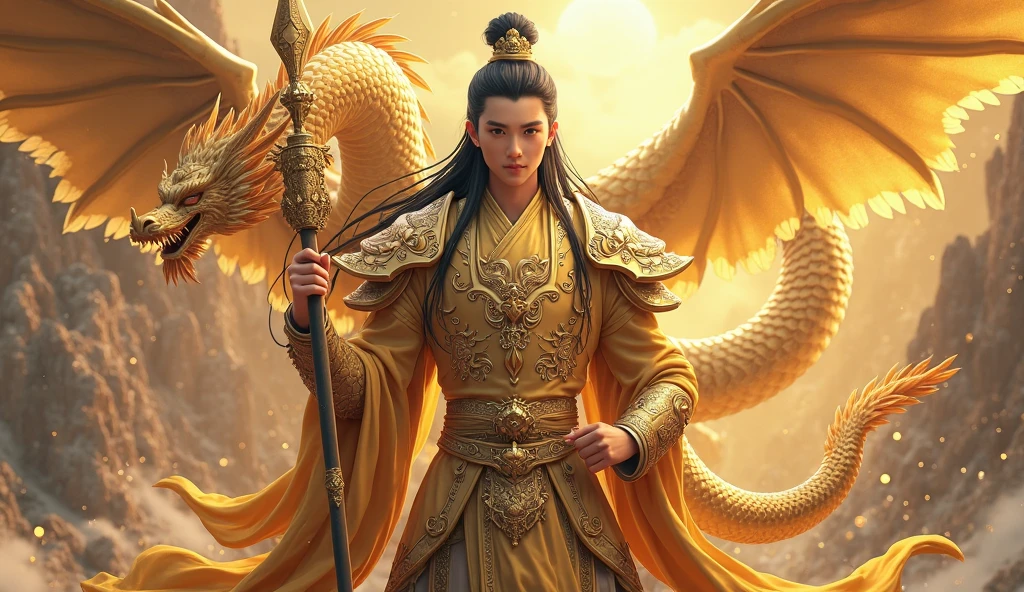 Smile Charity,Chinese God of Wealth holding a pile of gold coins,Classical Gold God of Wealth,Dressed in gorgeous dragon robes,Holding a gold ingot,Stepping on the auspicious clouds,Behind is the magnificent palace,Surrounded by gold and silver treasures,Meaning of wealth and good fortune,The picture is bright and eye-catching。