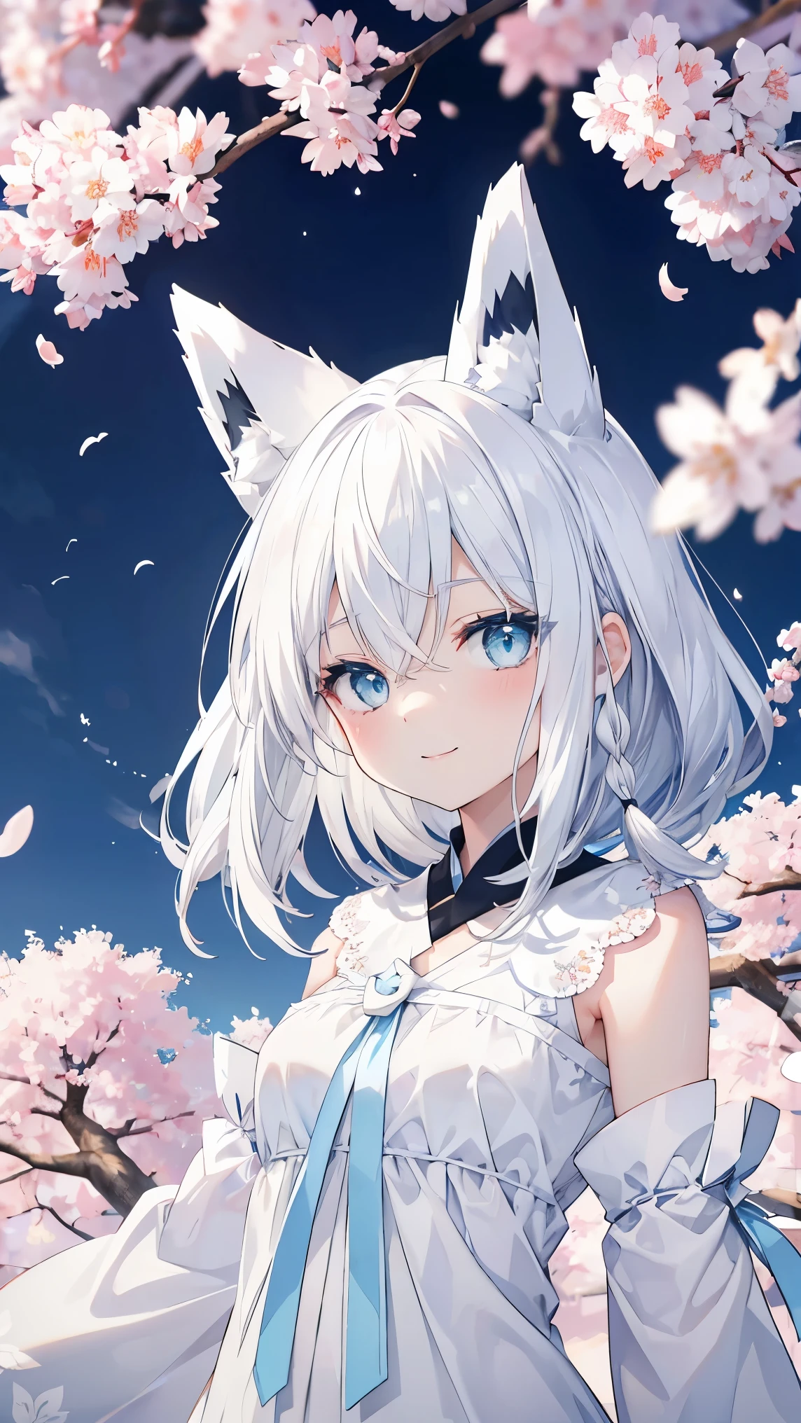 top quality、、(Whitening skin,)、 Silver Hair、light blue eyes,Petite、slender、(white dress,,,),cherry blossoms,smile, fox ears,Fox Tail,,toned body,