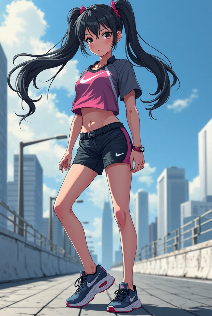 anime girl running in the city streets, buildings in the background, clear blue sky, beautiful sunlight, (1girl), long black hair, blue eyes, red sports shirts, black sports leggings, red sports shoes, smile, beautiful anime artwork, ultrasharp, masterpiece, high res, 8k