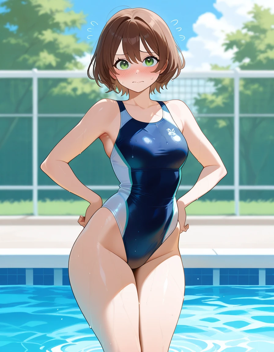 solo, 1girl, looking at viewer, , sapphire kawashima, ,(((Sweating,blush))),outdoor,night,standing,,socks,small breasts,nsfw,,race swimsuits,leotard,thighhighs