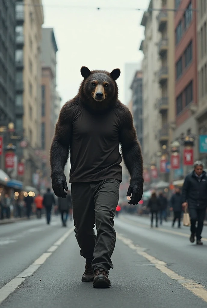 Big, wide mafia bear in a leather jacket with sleeves entering a man's body through the belly